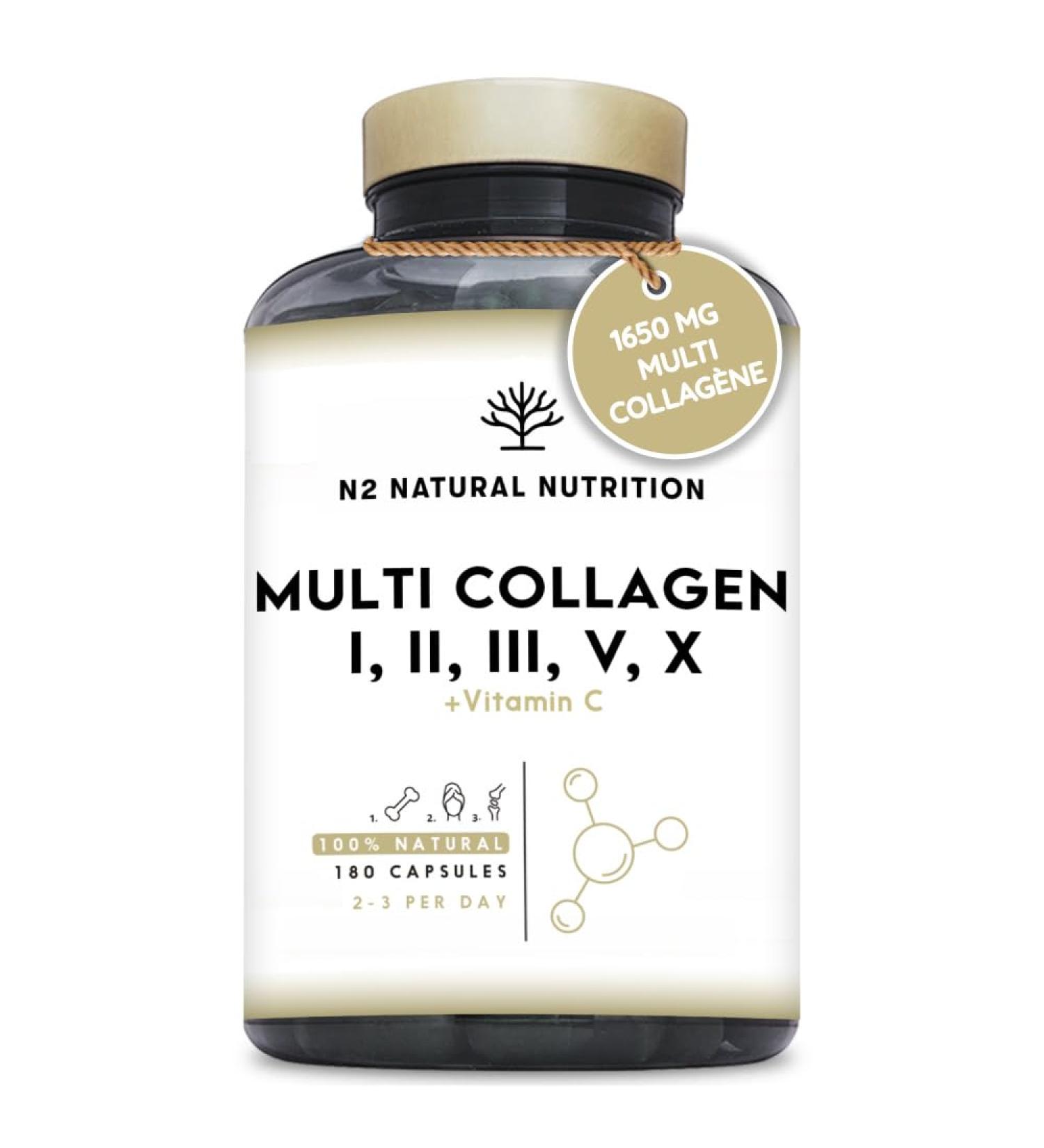 Multi Collag ne Marin et Bovin 1650mg. 180 G lules. Peptide de Collagene Hydrolys Type 1 2 3 5 10. Complexe Collagene pour la Peau Articulations et Cheveux + Vitamine C. N2 Natural Nutrition - Buy Online on GoSupps.com