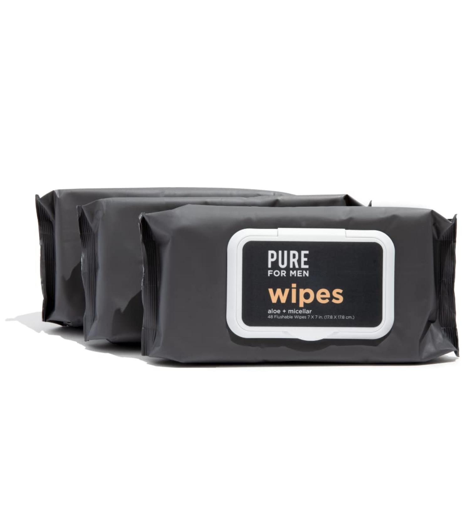 Pure for Men Flushable Wipes - Odor Eliminating, Biodegradable, Paraben & Alcohol Free | Vitamin E, Micellar & Aloe Vera | 48 Count (3 Pack) - Buy Online on GoSupps.com