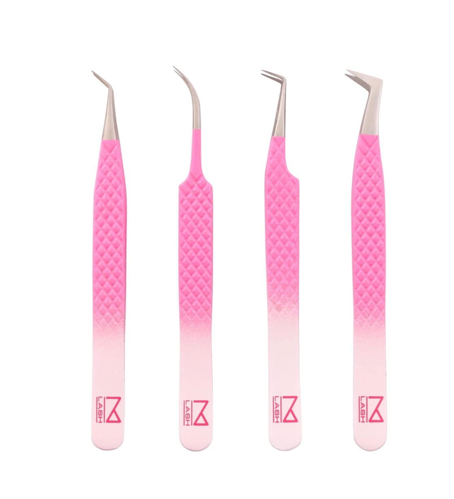 M LASH Set Of 4 Diamond Grip Eyelash Extensions Tweezers - Japanese Steel Lash Supply (Ombre)