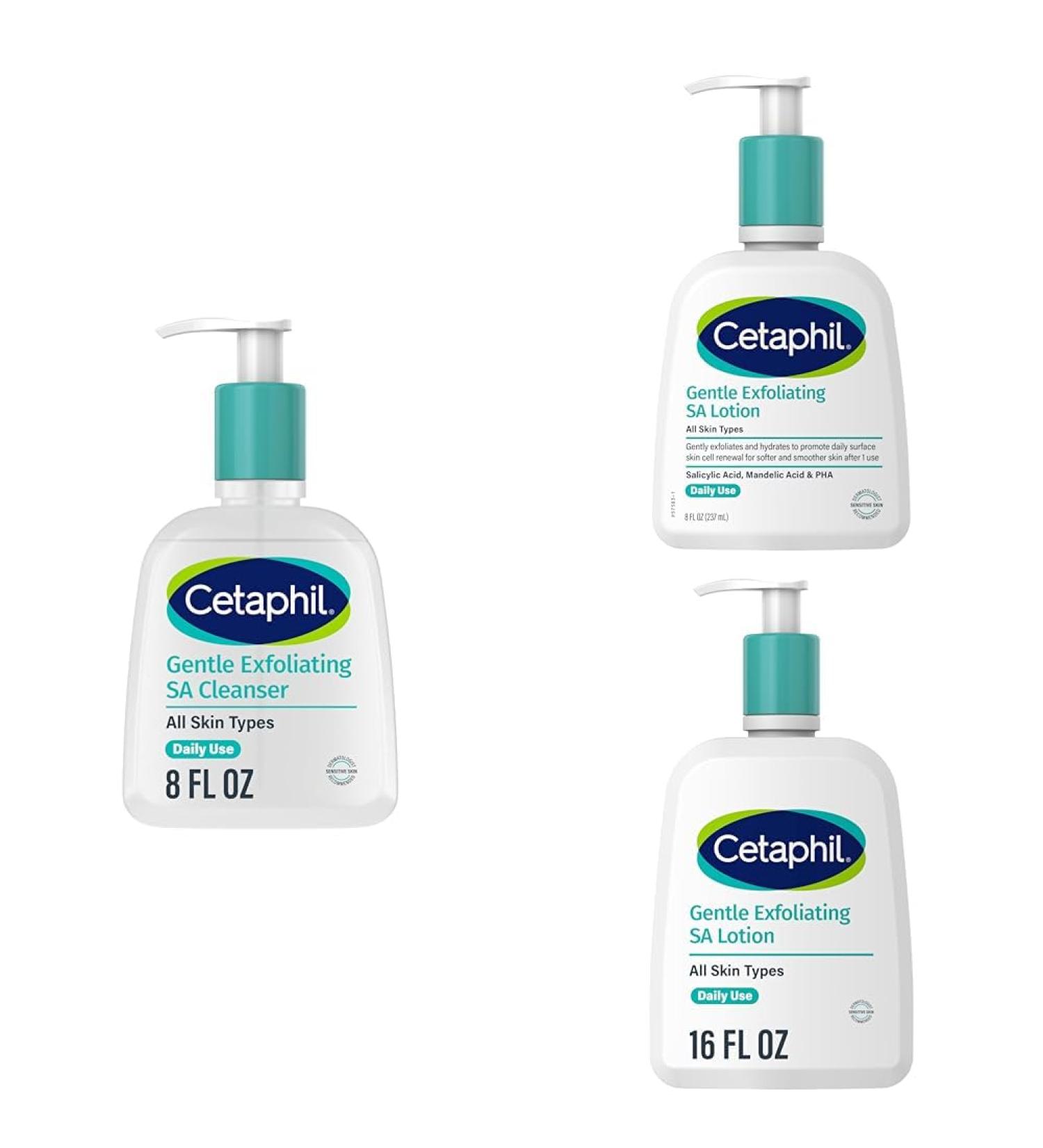 Cetaphil Gentle Exfoliating SA Cleanser Foaming Gel Cleanser 8 Oz Pump Bottle Salicylic Acid + Gentle Exfoliating SA Lotion Lightweight Moisturizer 8 Oz & 16 Oz Pump Bottles Bundle