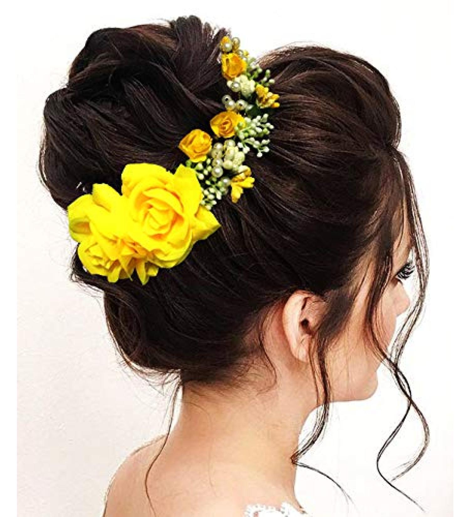 SHREEMEE Women's Hair Pins Clips Hair Buns HairStyles Artificial Flowers Accessories For Weddings Yellow - Buy Online on GoSupps.com