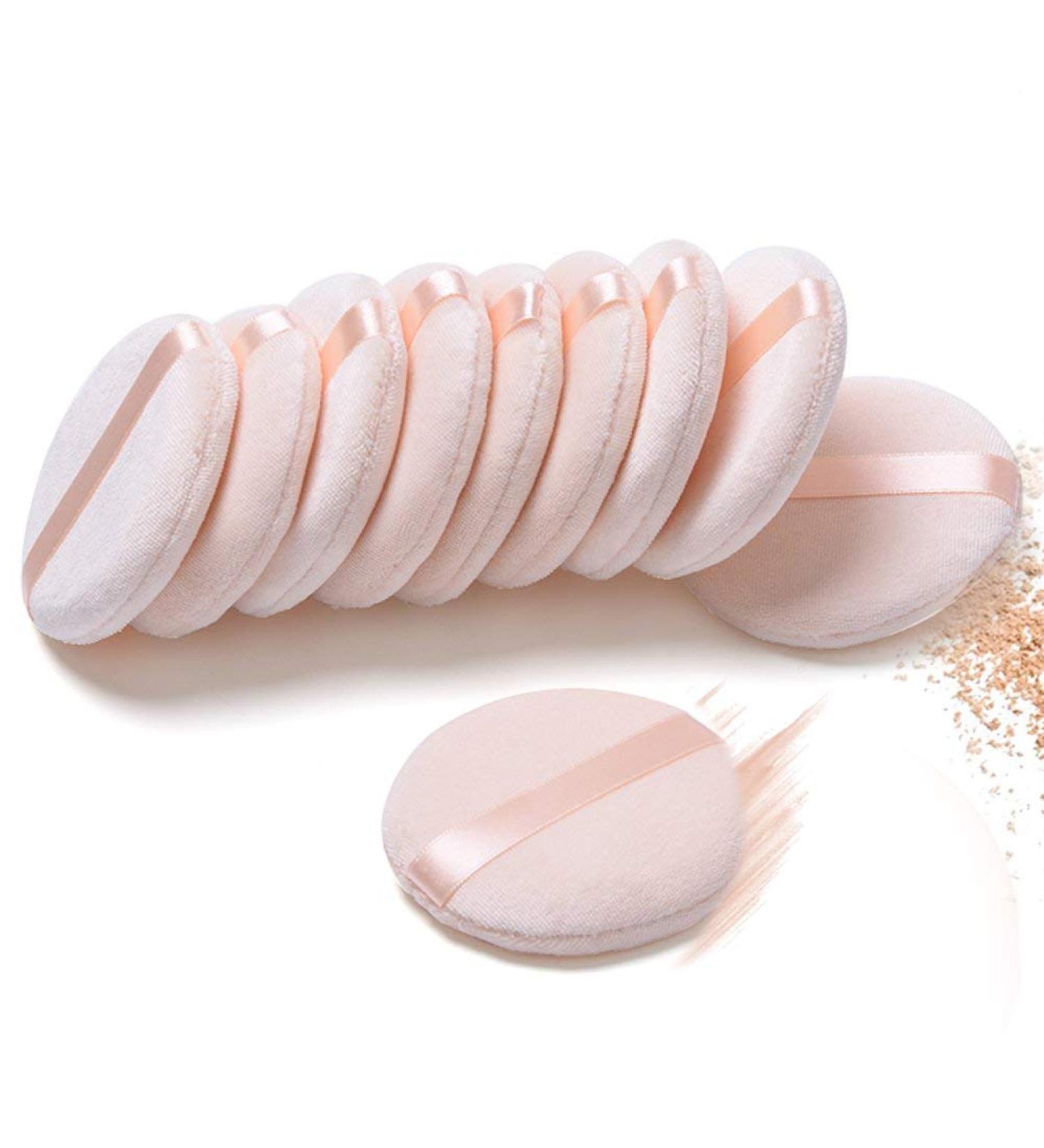 10-Piece Cotton Powder Puff Set for Foundation Makeup - Normal Size with Strap for Blending Loose Mineral Body Powder - Beige - Buy Online on GoSupps.com