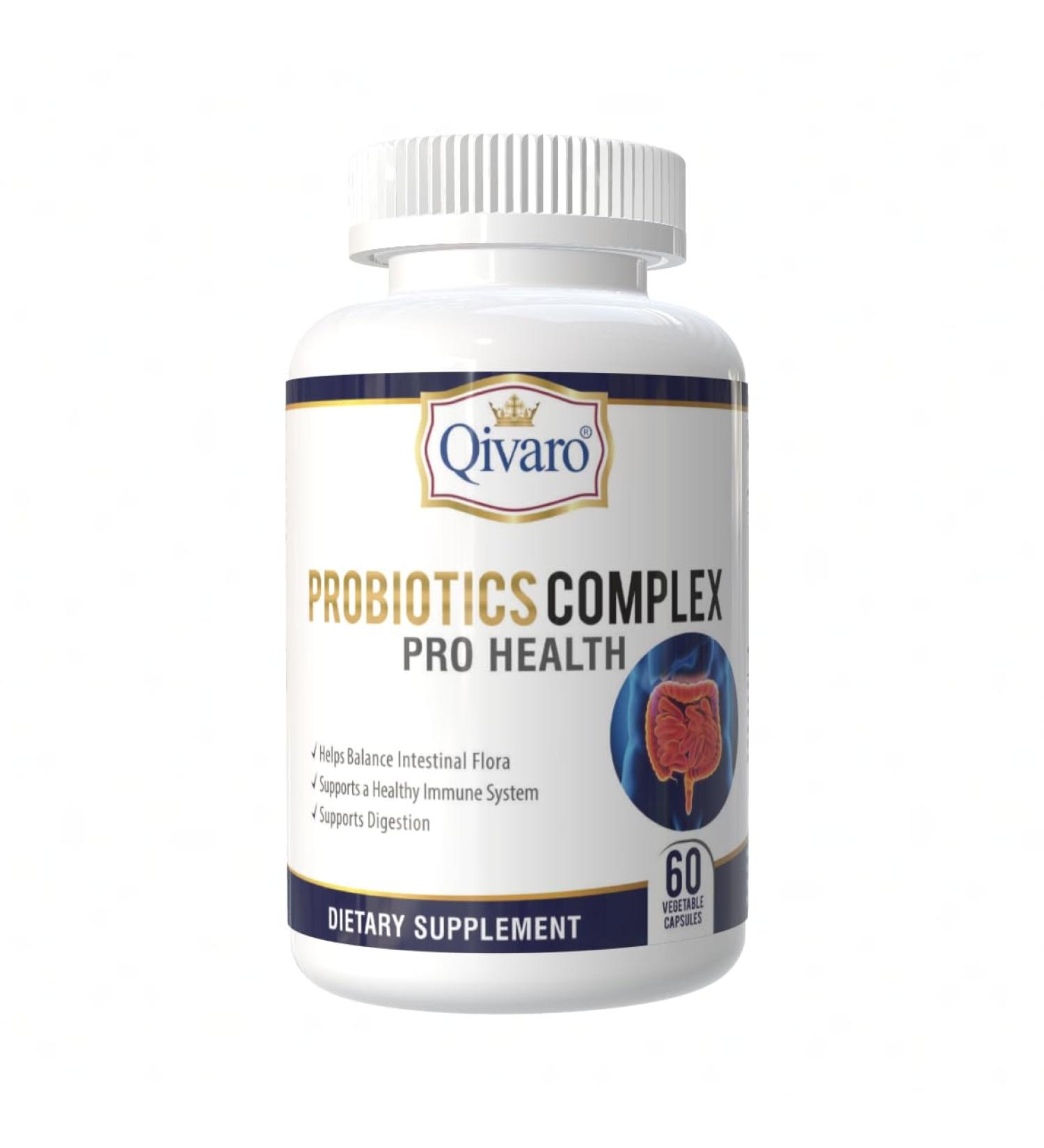 Qivaro Probiotic Complex Pro Health - Digestive Balance and Immune Support - Natural and Organic Supplement - Daily Probiotic Support - Vegan and Non-GMO - Made in USA 60 Capsule