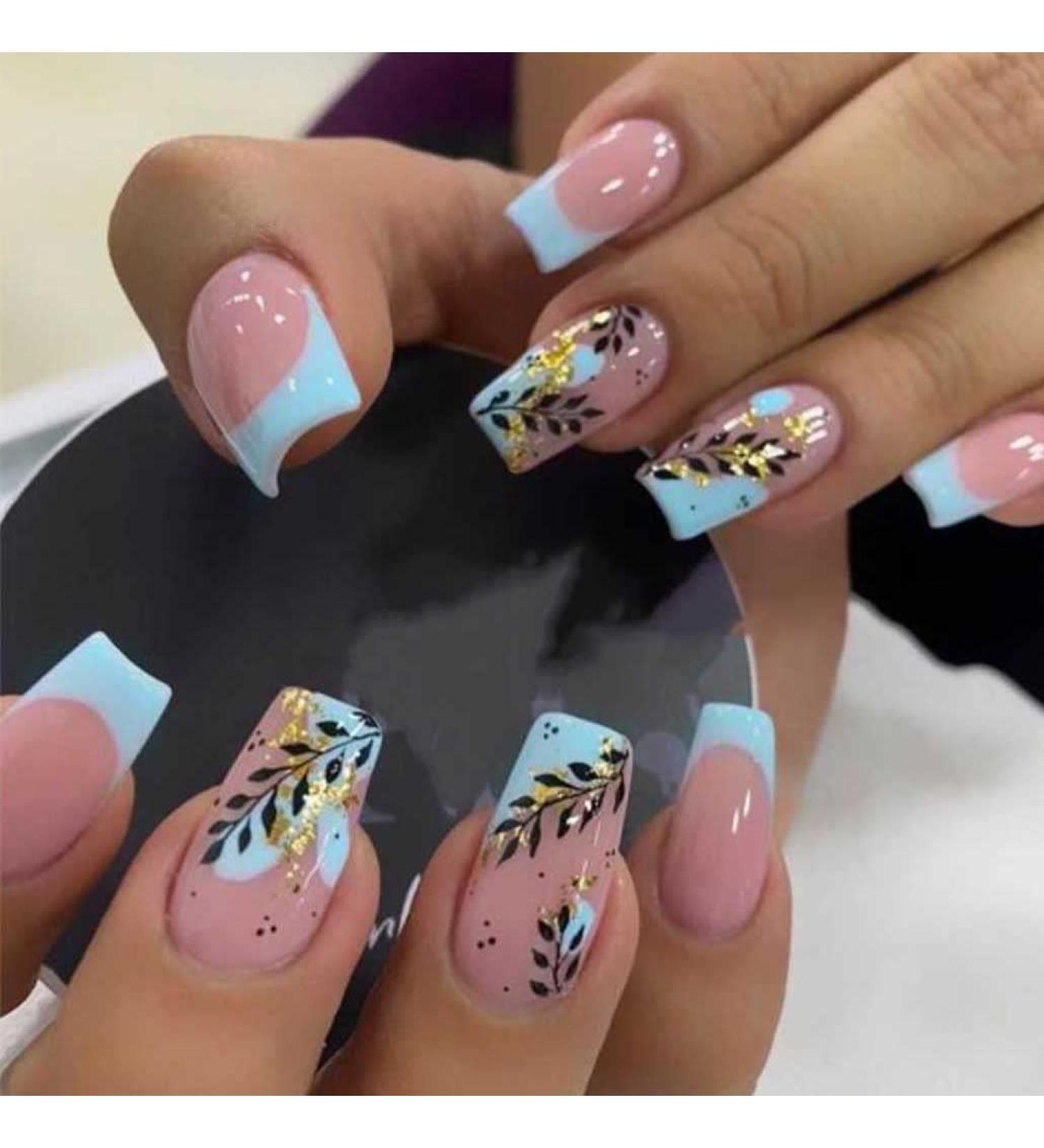 Foccna 24pcs Pink Fake Nails - Medium Glossy Blue Square French Tip Press-On Nails for Women | Multicolor Artificial Manicure - Buy Online on GoSupps.com