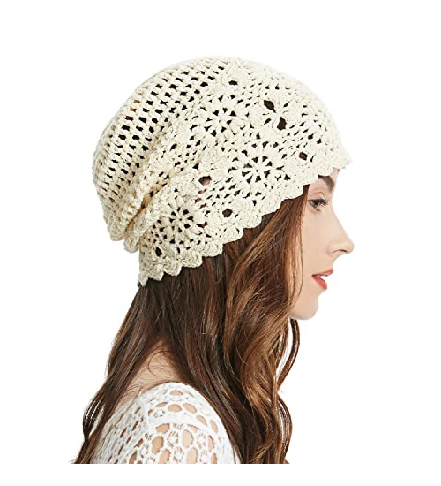 ZLYC Women Cotton Crochet Slouchy Beanie Hat - Handmade Knit Cutout Summer Floral Skull Cap in Solid Beige - Buy Online on GoSupps.com