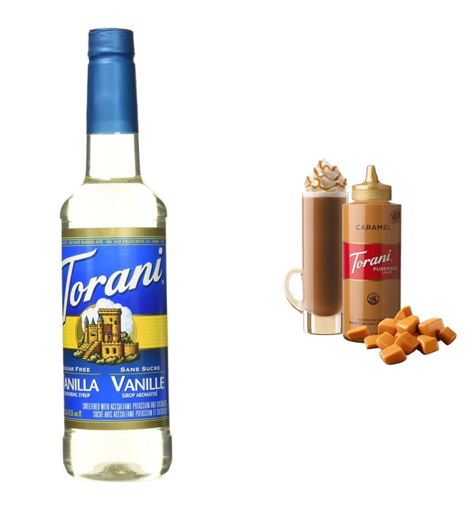 Torani Sugar Free Vanilla Syrup PET Bottle 750 milliliters & Caramel Squeeze Sauce 16.5 Fluid Ounce - Buy Online on GoSupps.com