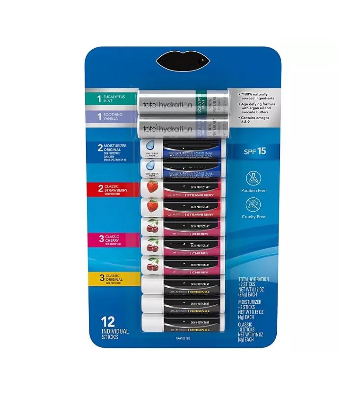 Moisturizer Lip Balm - Cherry Original Strawberry & Total Hydration - 12 count (Variety Pack)