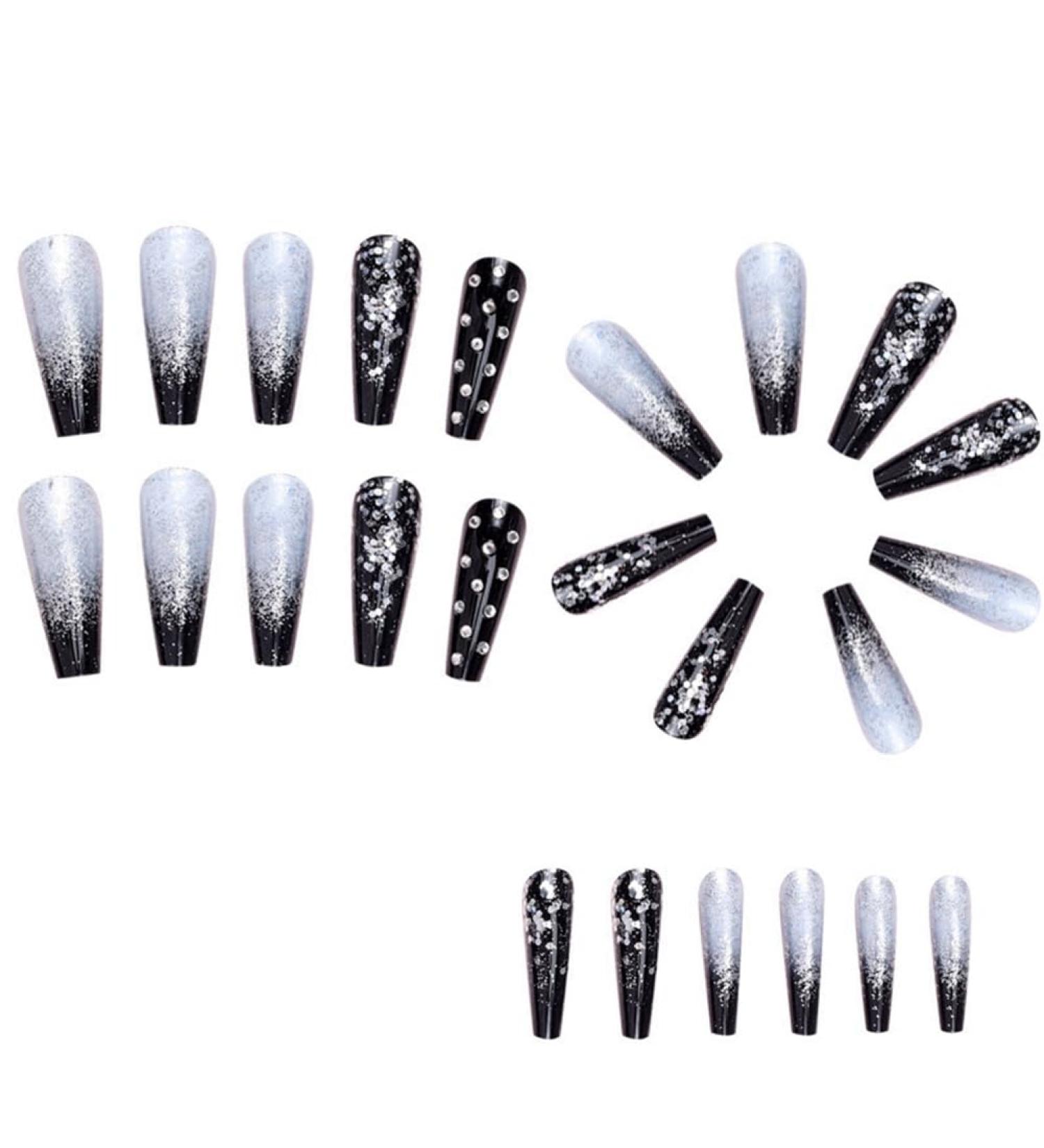 Joselin Black Gradient Applique Diamond False Nails Long Coffin Nail Tips Glitter Diamond Nails Nail Art - Buy Online on GoSupps.com
