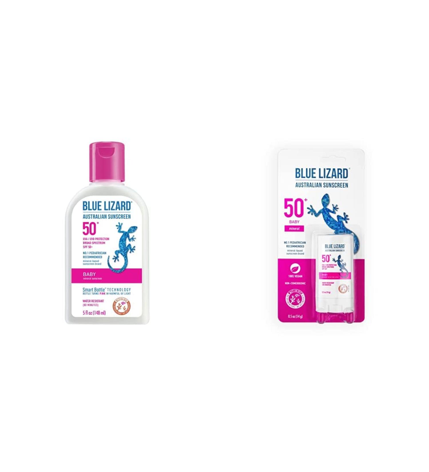 Blue Lizard Baby Mineral Sunscreen SPF 50+ Bundle: 5oz Bottle & Stick, Water Resistant UVA/UVB Protection - Fragrance Free, 0.5oz Unscented, Easy to Apply - Buy Online on GoSupps.com