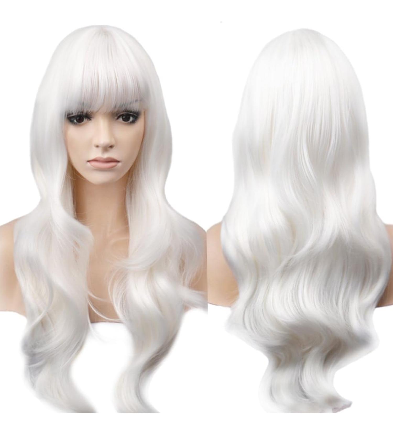 YEESHEDO 28 Long Wavy Curly White Wig with Fringe | Heat Resistant Synthetic Hair for Women - Perfect for Halloween, Cosplay, Anime & Snow White Costumes - Buy Online on GoSupps.com
