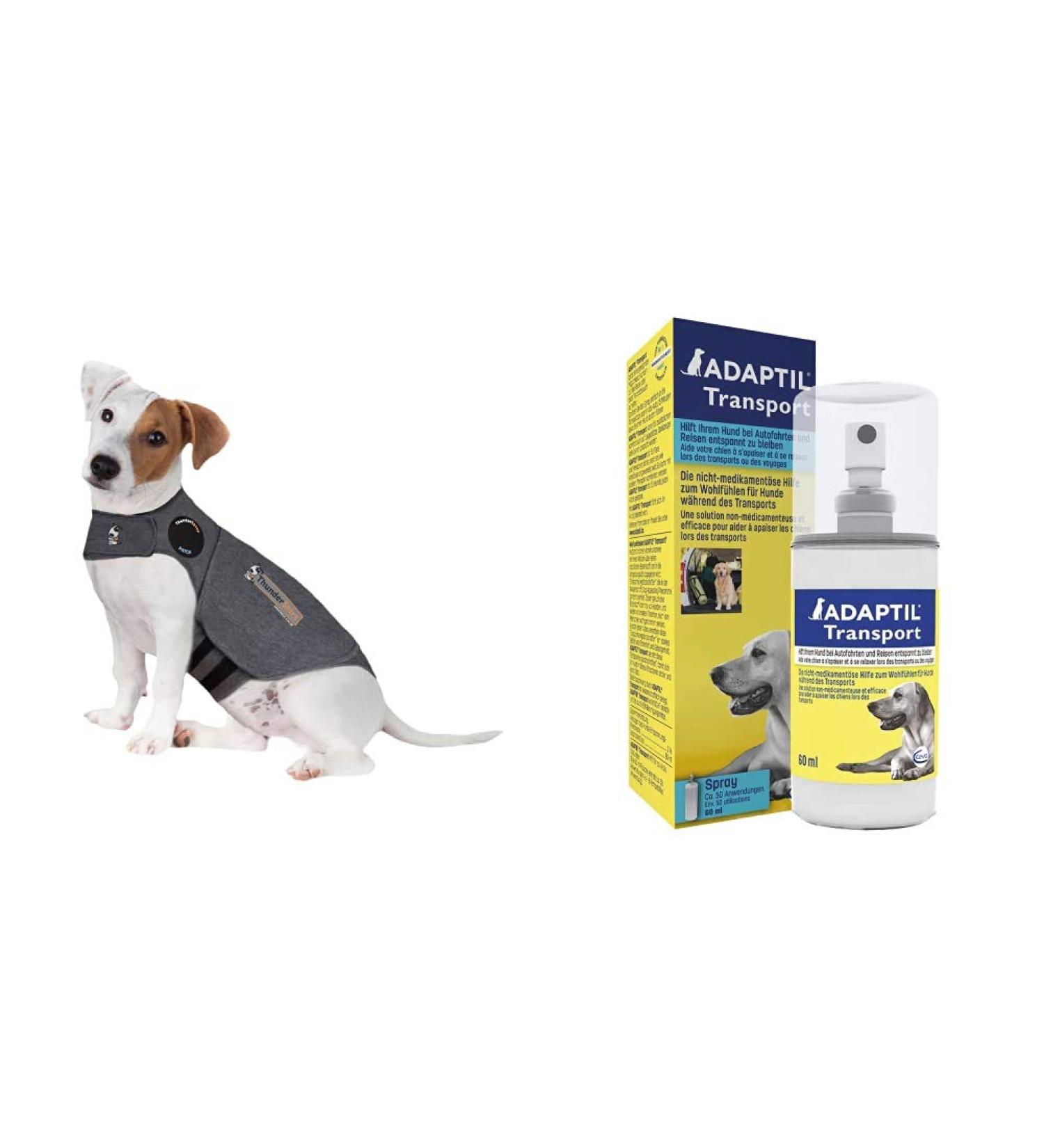 Thundershirt Anxiety Coat for Dog S Grey with ADAPTIL Calm Transport Spray helps dog cope with travelling and other short term challenges 60 ml