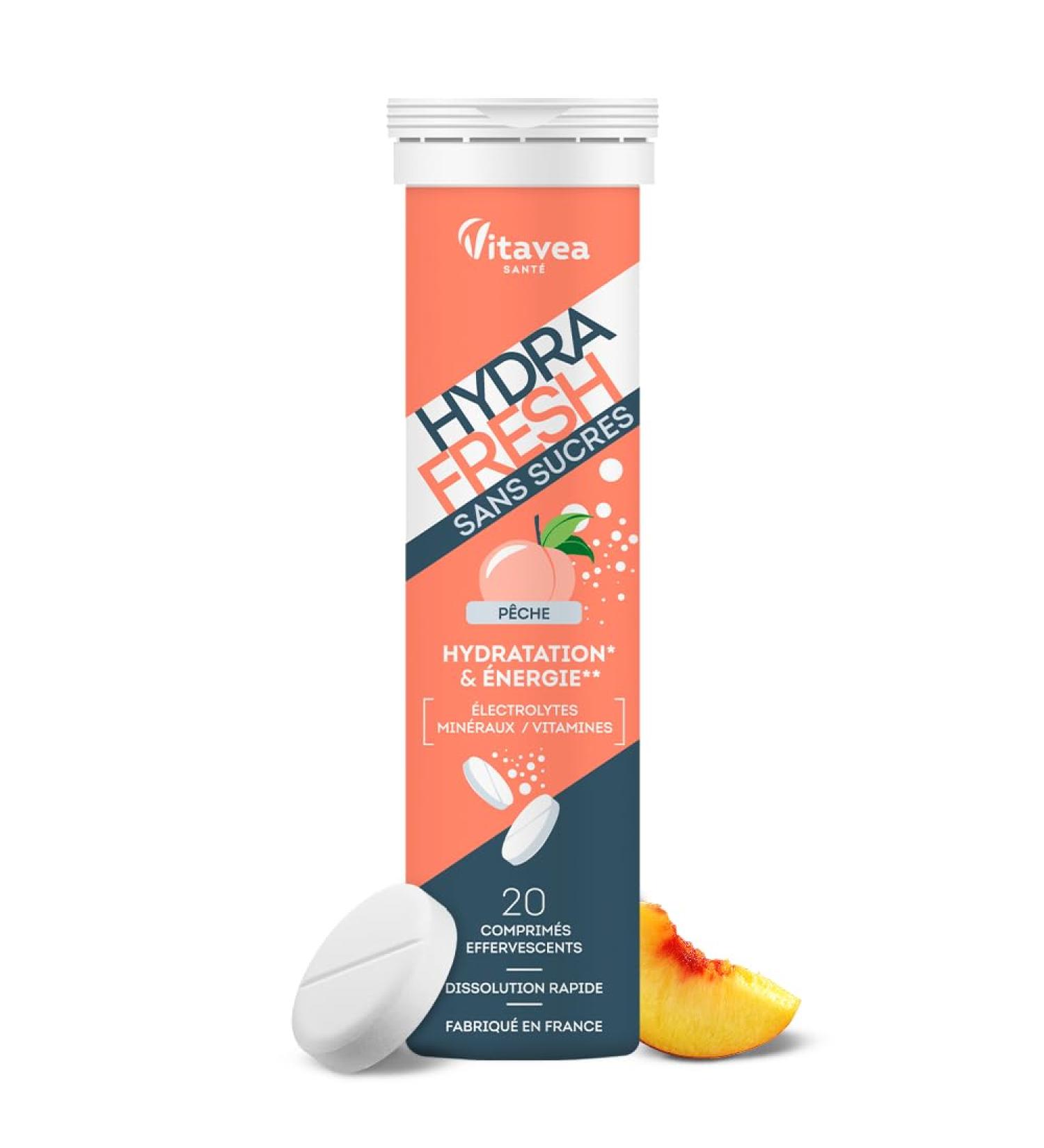 HydraFresh - Pastilles hydratation Effervescentes - Magn sium lectrolytes Calcium Vitamines C et B - Compl ment alimentaire nergie saveur P che - Sans Sucres - Fabriqu en France - Buy Online on GoSupps.com