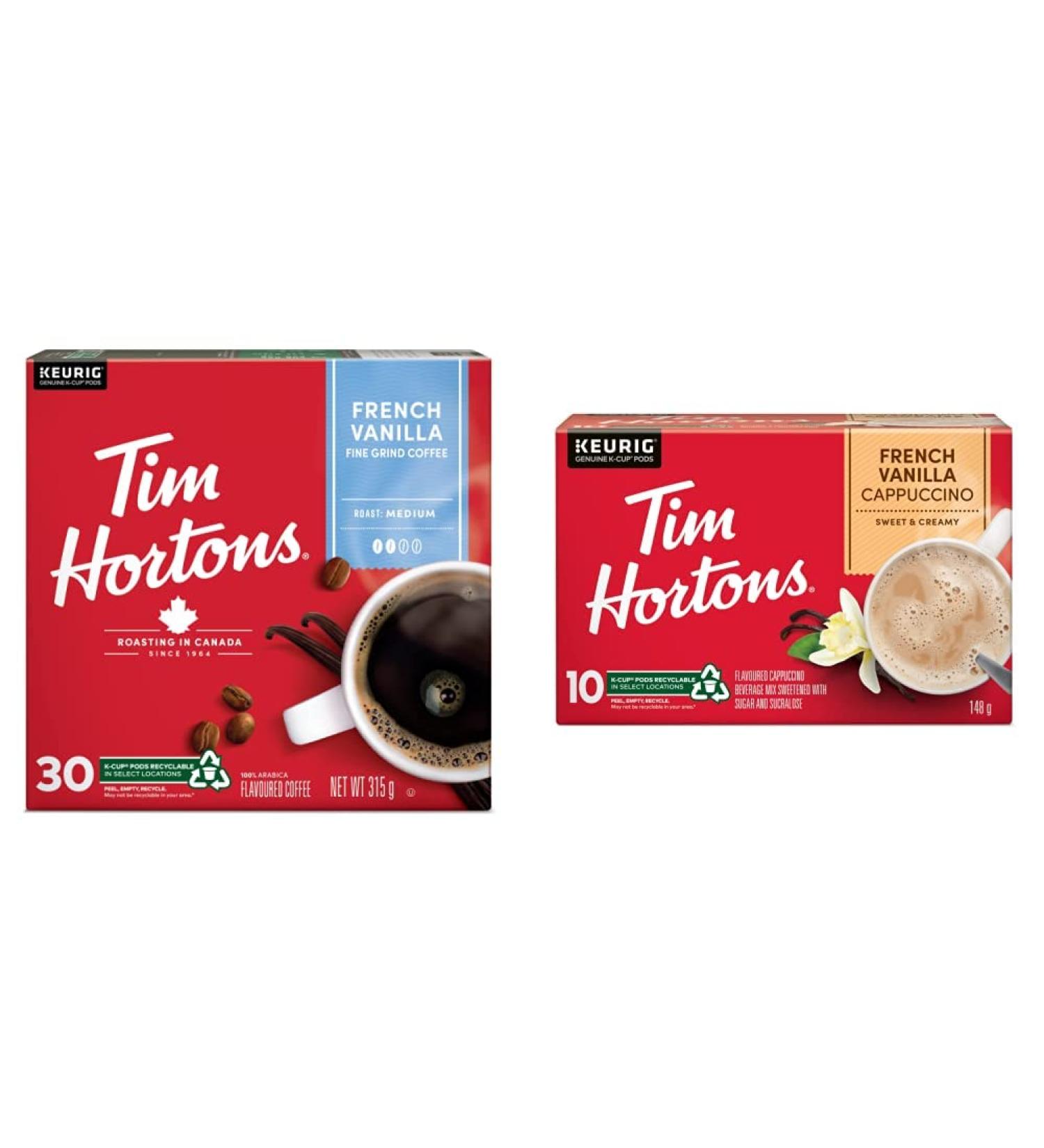 Tim Hortons French Vanilla Coffee Keurig K-Cup Pods Flavoured Medium Roast 30 Count (Imported from Canada) & French Vanilla Cappuccino Flavoured Coffee Single Serve Keurig K-Cup Pods 10 Count - Buy Online on GoSupps.com