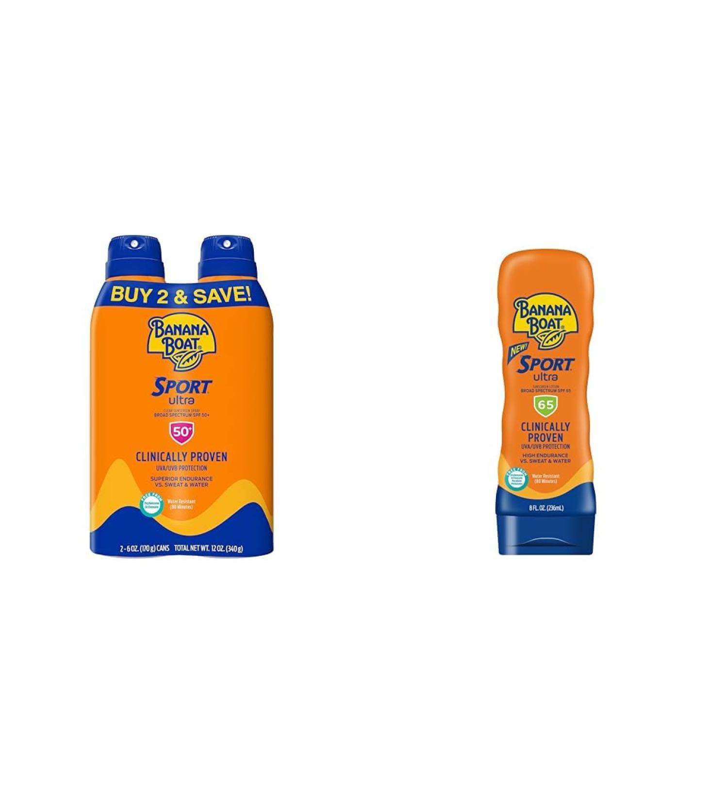 Banana Boat Sport Ultra SPF 50 Sunscreen Spray Twin Pack and SPF 65 Sunscreen Lotion - Buy Online on GoSupps.com