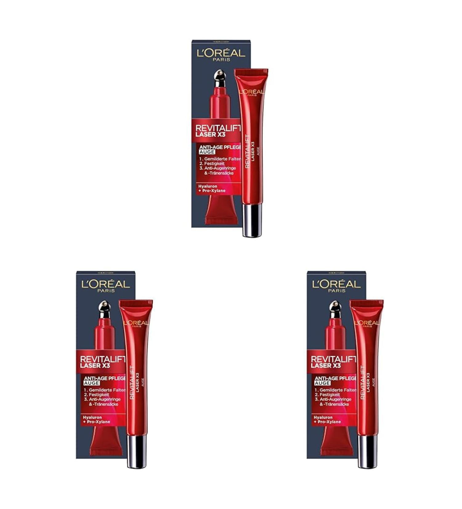 L'Or al Paris Revitalift Laser X3 Eye Care - Anti-Aging Eye Cream with Hyaluronic Acid (15ml Pack of 3) - International Shipping Available - Buy Online on GoSupps.com