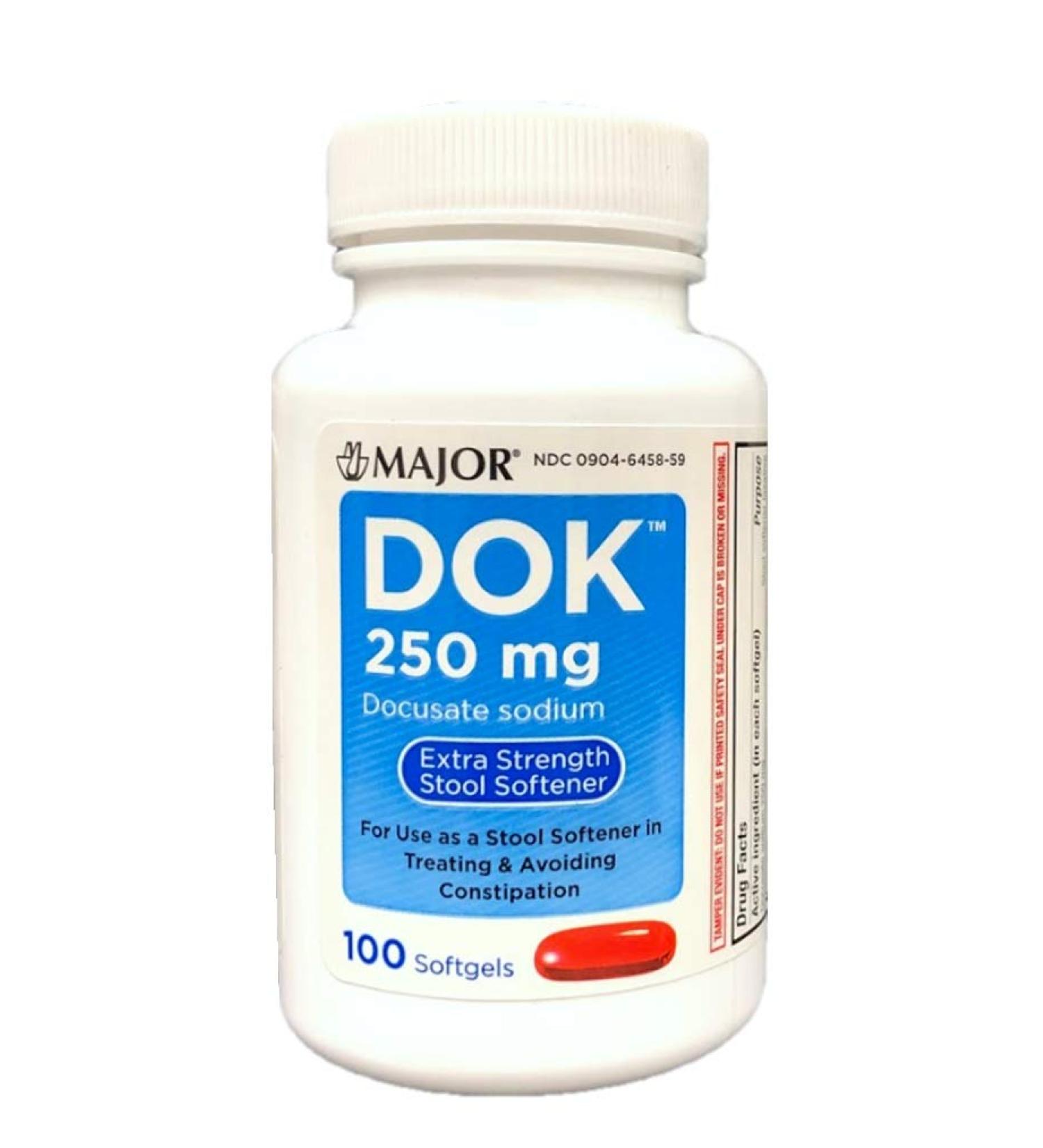 Major DOK 250 mg Extra Strength Stool Softener 100 Liquid Filled Softgels