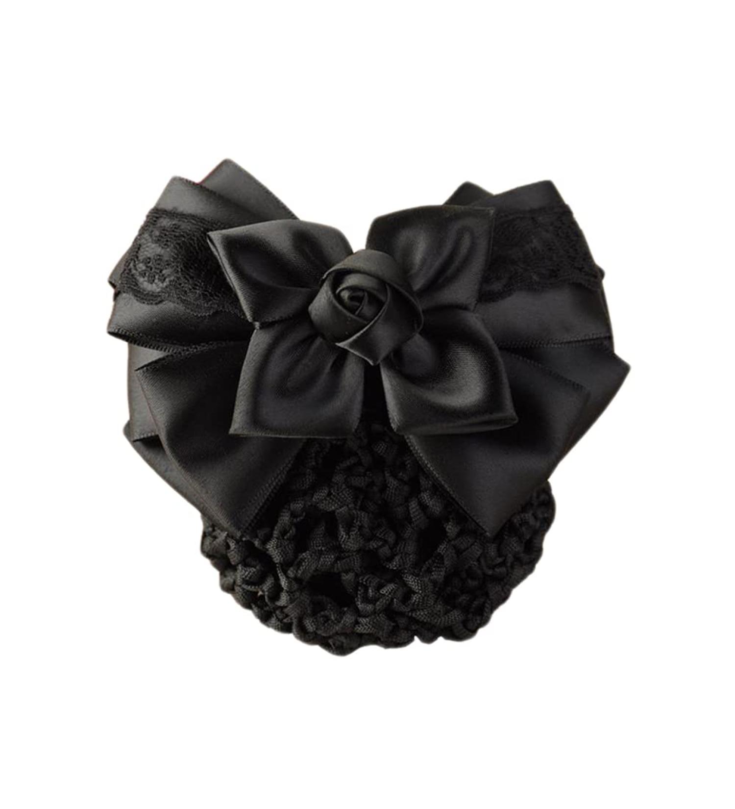 Elegant Women's Hair Node Cover - Mesh Network Bow Decoration & Satin Loop Hair Clip - Stylish French Clip with Flowers - Perfect Hair Accessories for Stewardess Banks Hotels & Restaurant Employees (Black) - Buy Online on GoSupps.com