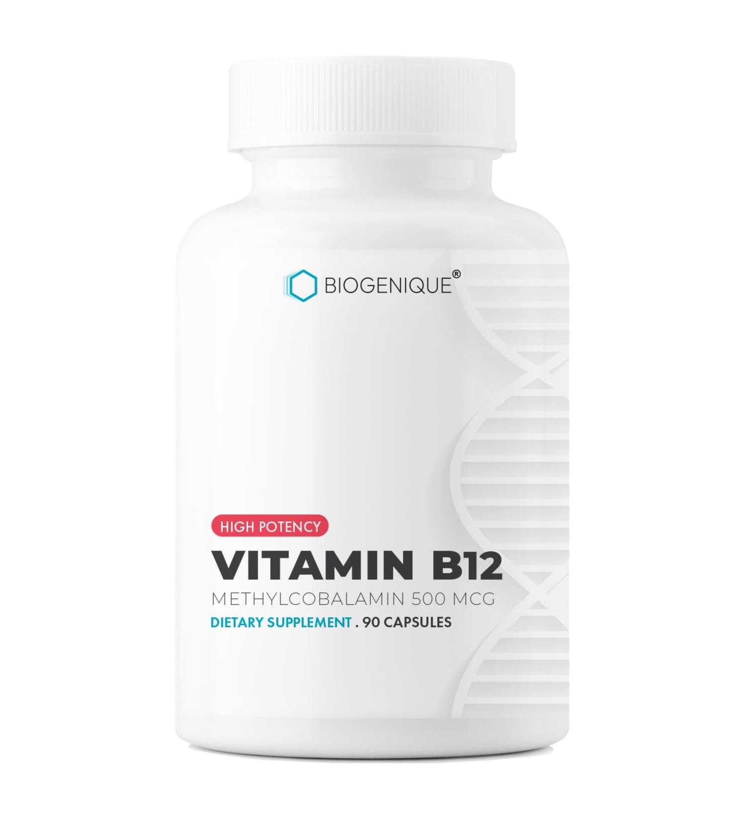 Biogenique Vitamin B12 - as Methylcobalamin Supports Energy Metabolism Nervous System Health Blood Cell Function and Methylation - Non OGM Gluten-Free Vitamin Supplement 90 Capsules - Buy Online on GoSupps.com
