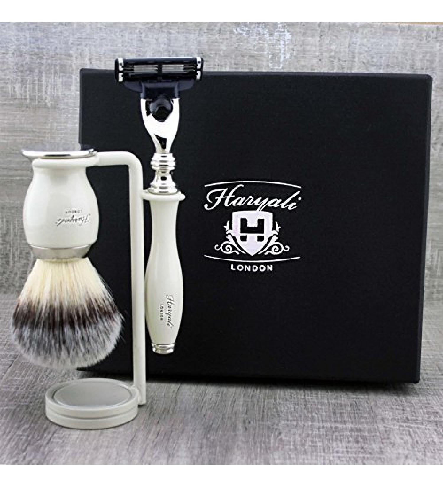 3 Pc Men's Shaving Kit | 3 Edge Razor Synthetic Badger Hair Brush & Stand | Perfect Gift for Men - Buy Online on GoSupps.com