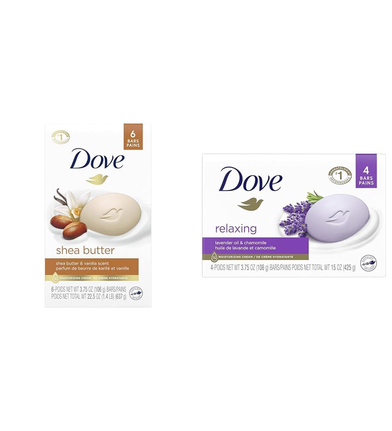Dove Shea Butter Beauty Bar (6 count) + Dove Relaxing Beauty Bar Lavender (4 count) | Moisturizing Bath Soap Bars shea butter + cleanser - Buy Online on GoSupps.com