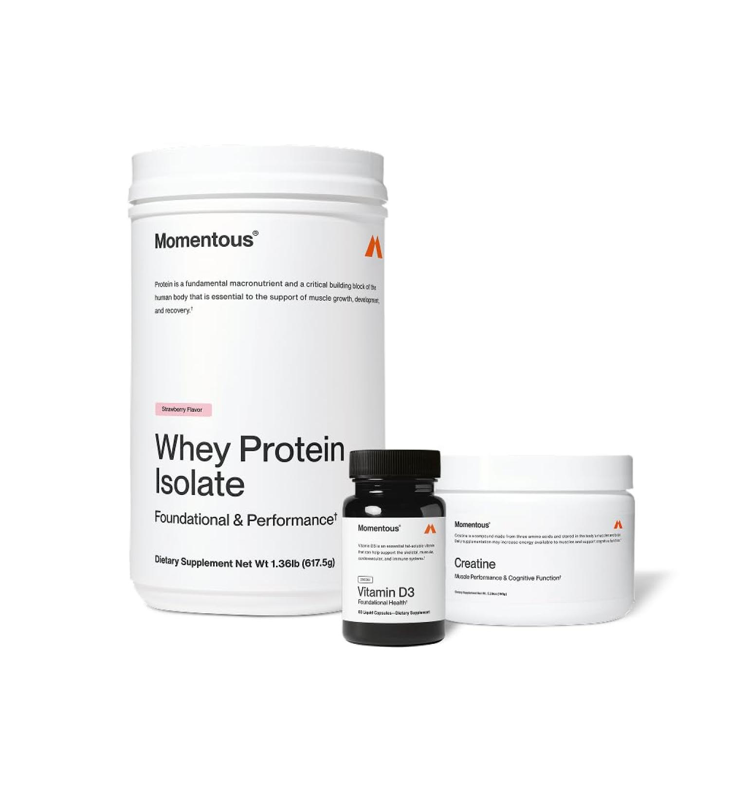 Momentous Arnold's Stack - Creatine Monohydrate Powder Essential Grass-Fed Whey Protein Powder (Strawberry) & Vitamin D3 (2000 IU) - Daily Fundamentals to Support Muscle Strength & Longevity - Buy Online on GoSupps.com