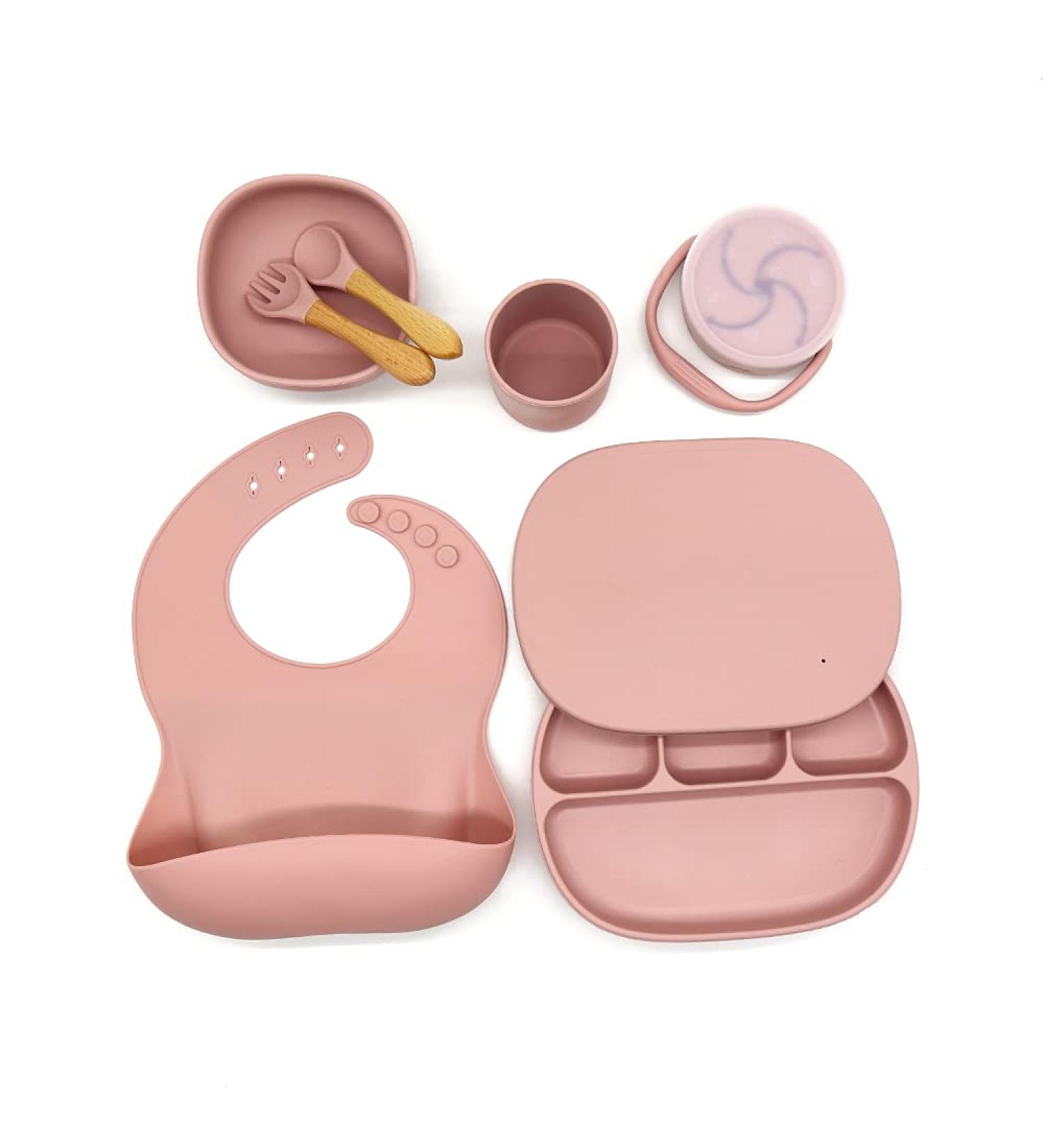 Baby Weaning Set | Toddler Feeding Set with Silicone and Wood | Plate, Cup, Bowl, Spoon, Fork, Snack Cup, Lid | for Boys and Girls (Rose Pink) - Buy Online on GoSupps.com