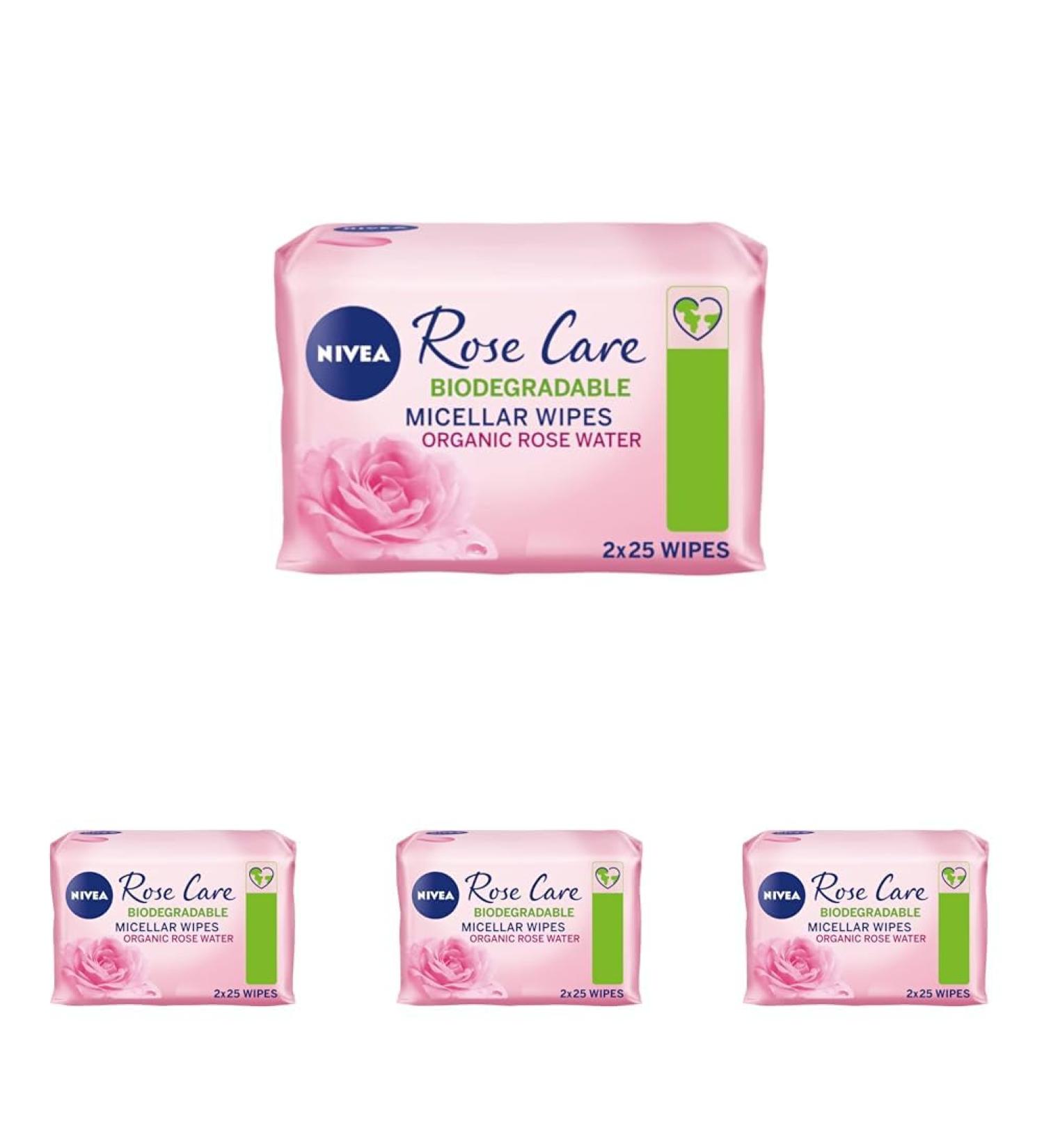 NIVEA Biodegradable Rose Care Cleansing Wipes (50 sheets) Biodegradable Wipes Made with 100% Renewable Plant Fibres Makeup Wipes with Organic Rose Water (Pack of 4) 50 Count (Pack of 4) - Buy Online on GoSupps.com