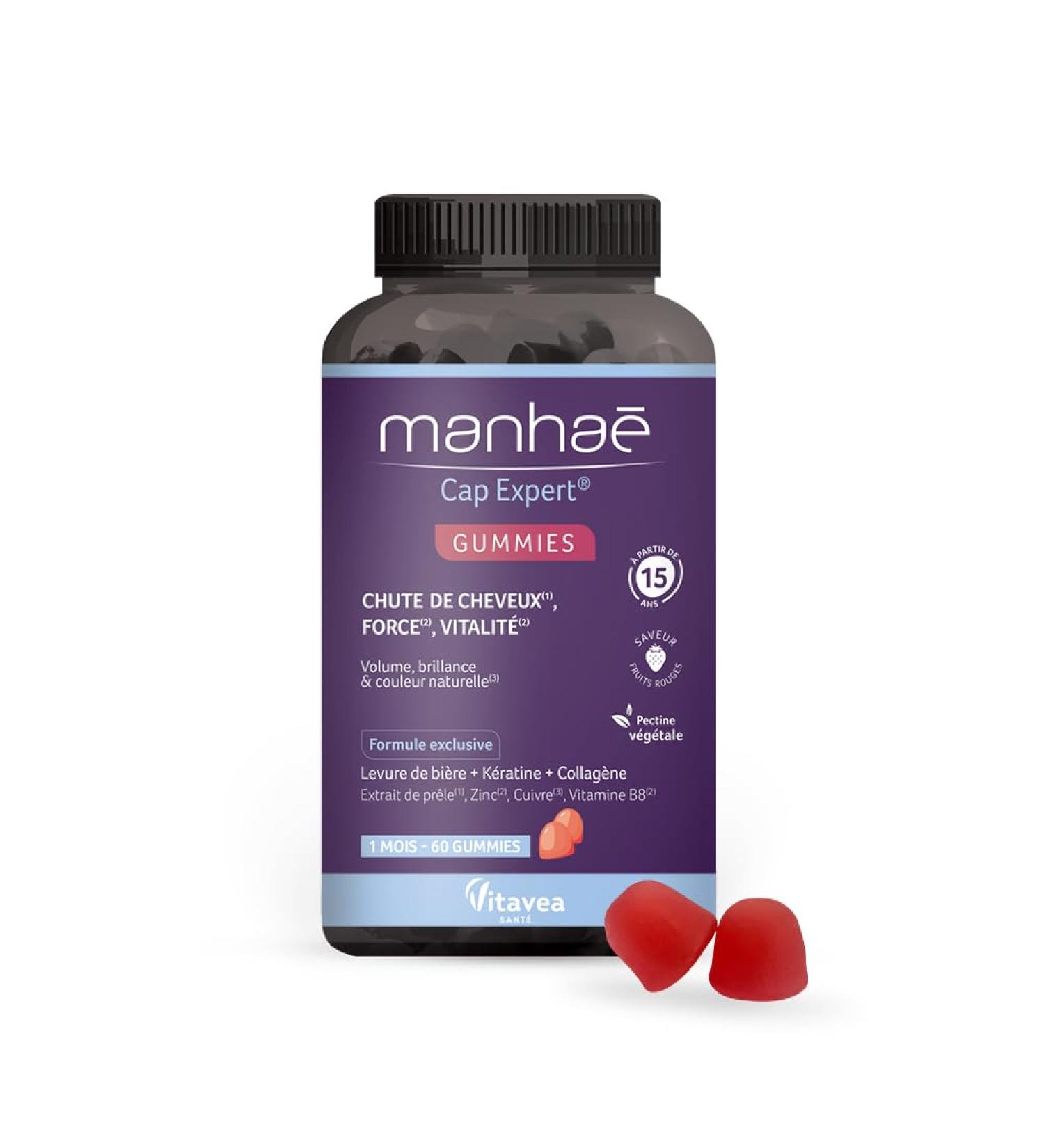 Manha Cap Expert Gummies Dietary Supplement Hair Loss Strength Volume Shine - Biotin (Vitamin B8) Brewer's Yeast Keratin Collagen Minerals - 60 Red Fruit Gummies - Buy Online on GoSupps.com