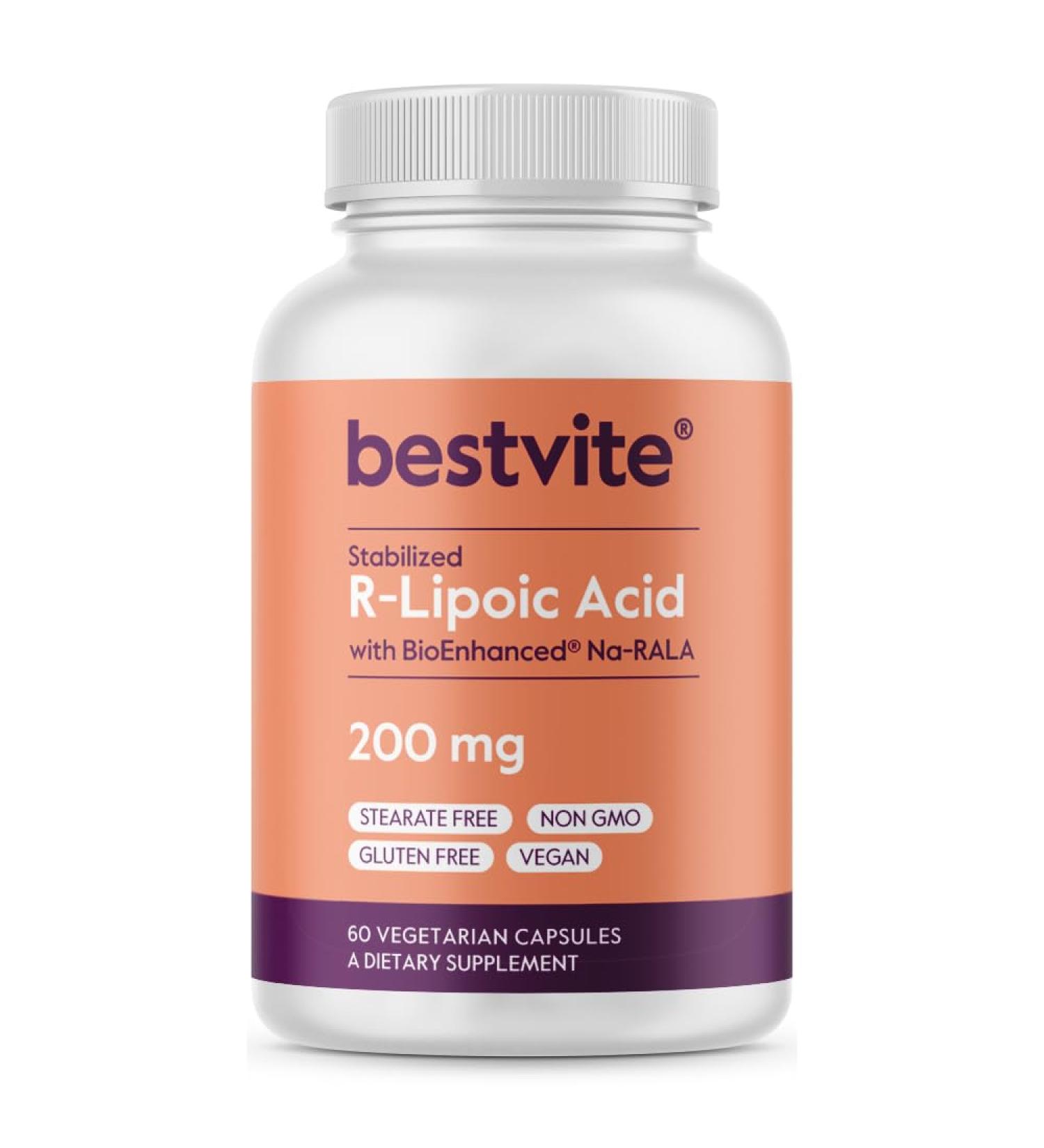 BESTVITE R-Lipoic Acid 200mg - Bio-Enhanced Na-RLA Vegan Gluten Free Non-GMO 60 Vegetarian Capsules - No Stearates or Fillers International Shipping Available - Buy Online on GoSupps.com