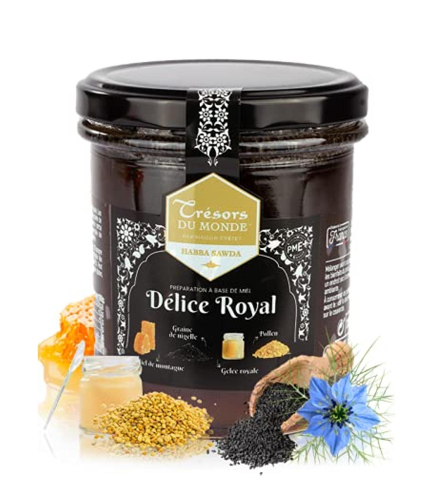 Maison Crétet | Mountain honey, royal jelly, nigella seed, pollen | Royal delight | Habba sawda | Black seed | Glass jar | 400g jar preparation