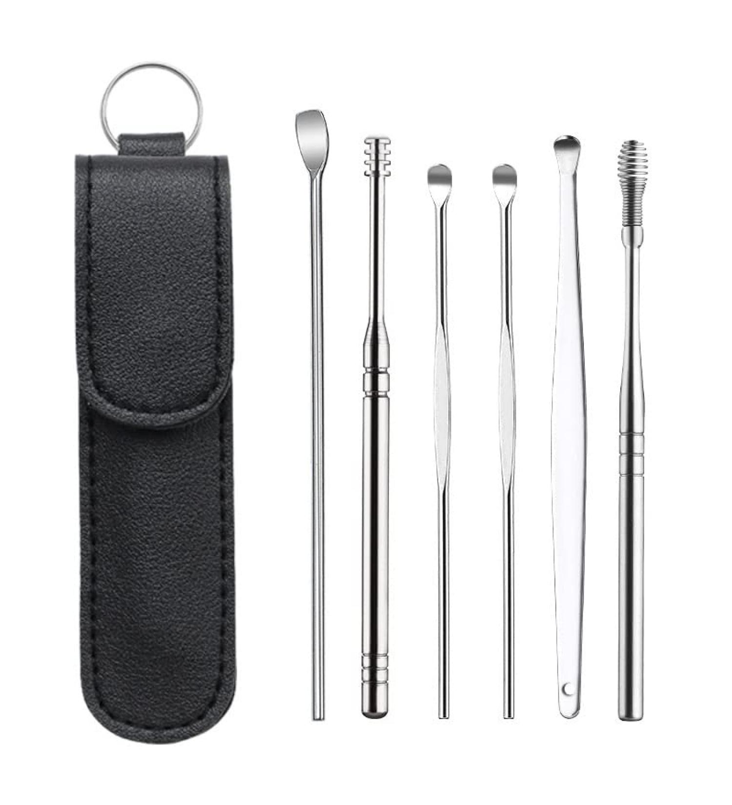 12-Piece Stainless Steel Earwax Removal Kit with Leather Storage Case (Black and Green) (Color : Black)