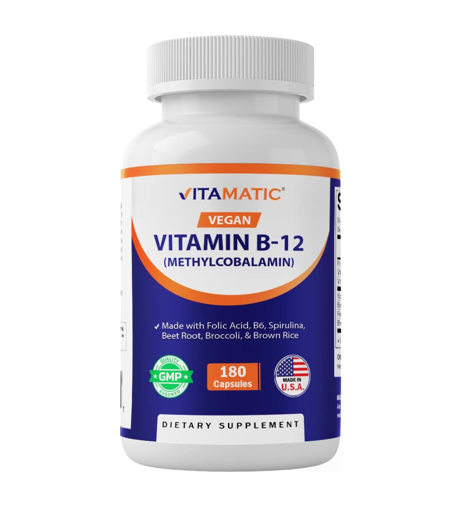 Vitamatic Vegan B12 1000 mcg - Methyl B12 with Folic Acid Vitamin B6 Spirulina Beet Root Broccoli & Brown Rice - Supports Healthy Mood Energy Heart & Eye Health - 180 Capsules - Buy Online on GoSupps.com