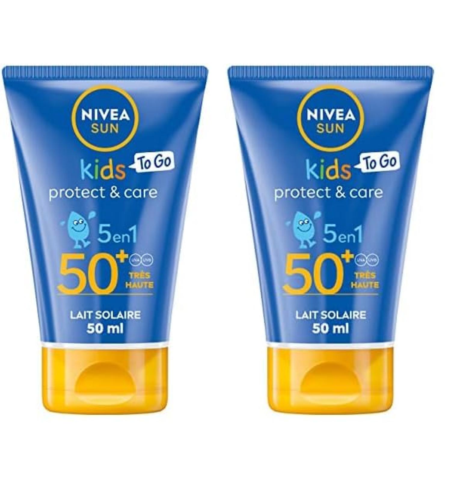 NIVEA SUN Lait solaire Protect & Play Enfants FPS 50+ Format voyage (1 x 50 ml) Cr me solaire r sistante l eau Protection solaire formul e pour la peau des enfants (Lot de 2) Lait solaire 50 ml (Lot de 2)