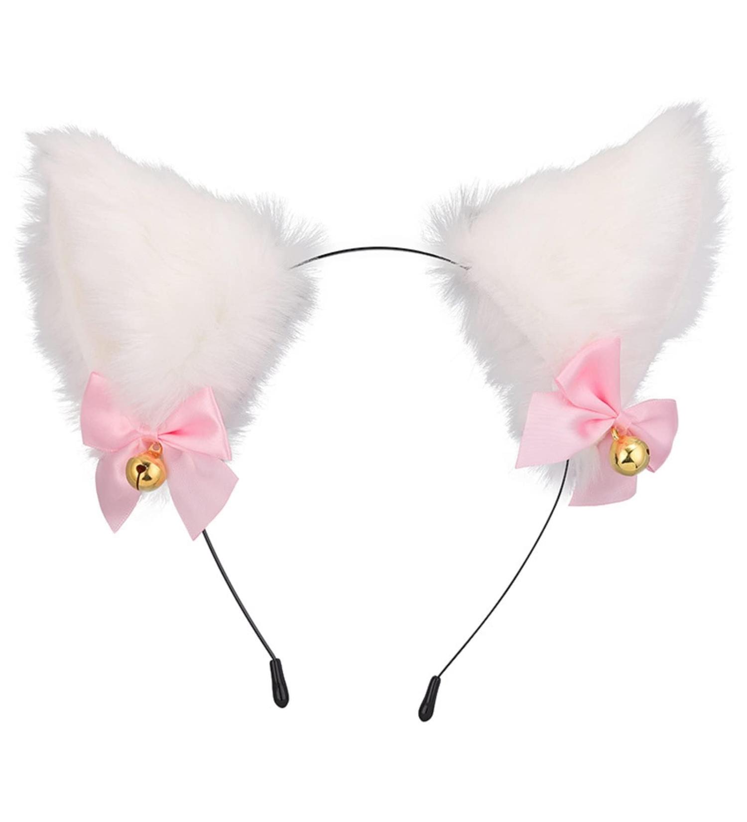 zalati Fox Ears Headband Plush Handmade Hairband Cute Style with Bowknot & Small Bells for Halloween Christmas Cosplay Party Costume Party Decor - White - Buy Online on GoSupps.com