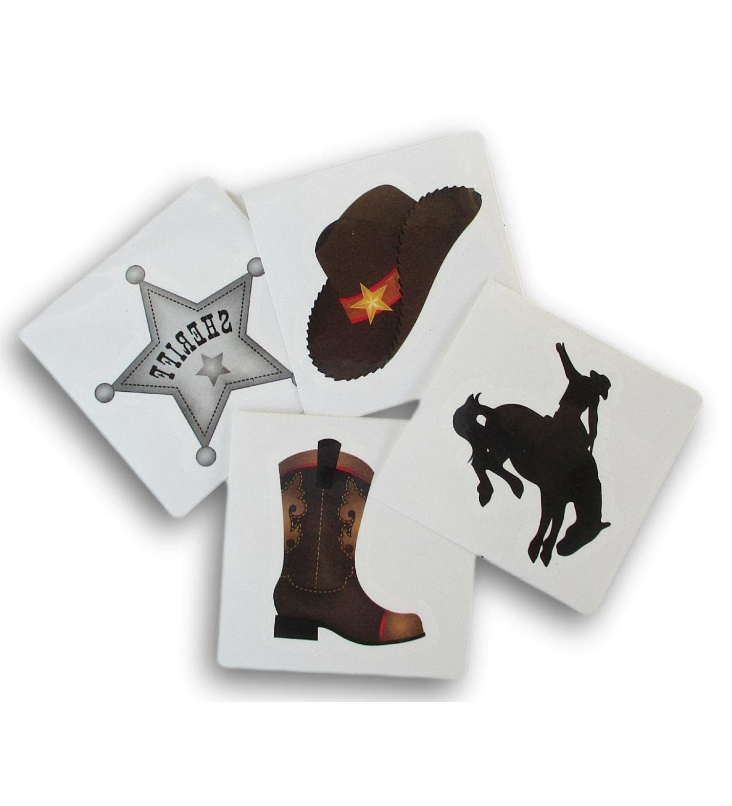 Party Supply Western Cowboy Party Favors - Temporary Tattoos - Hat  Boot  Sheriff Badge  Bucking Bronco - 24 Cute Square Tattoos - Buy Online on GoSupps.com