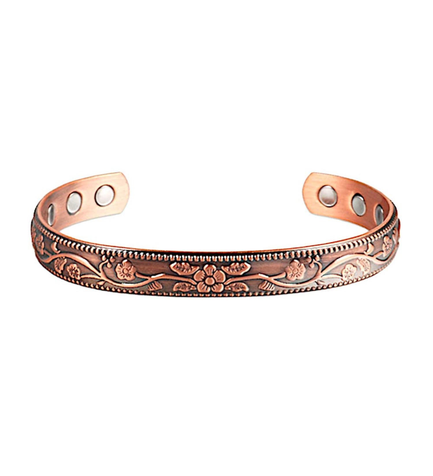 Magnetic bracelet made of pure copper solid vintage with flower engraving