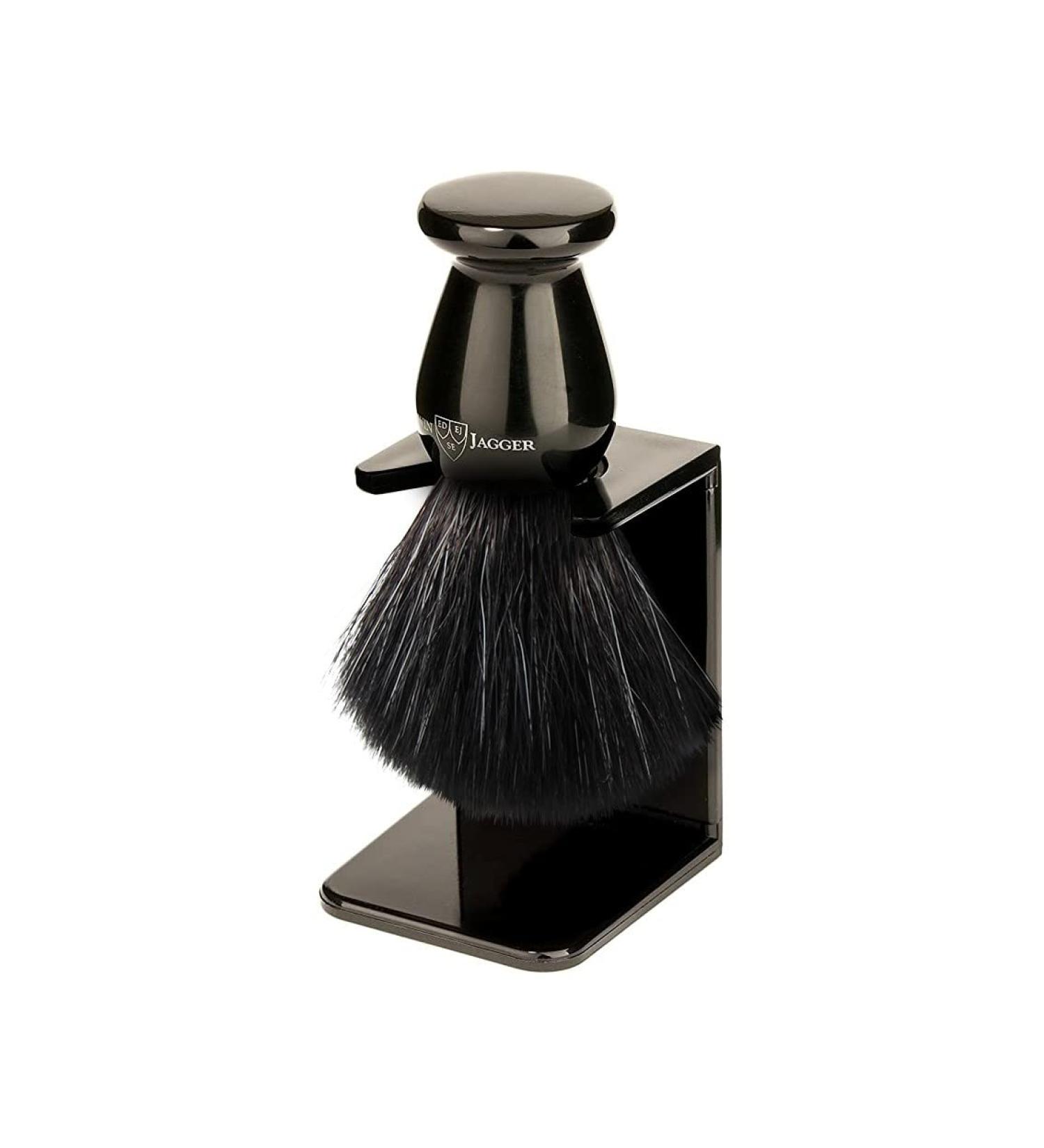 Edwin Jagger Imitation Ebony Black Synthetic Shaving Brush with Small Drip Stand