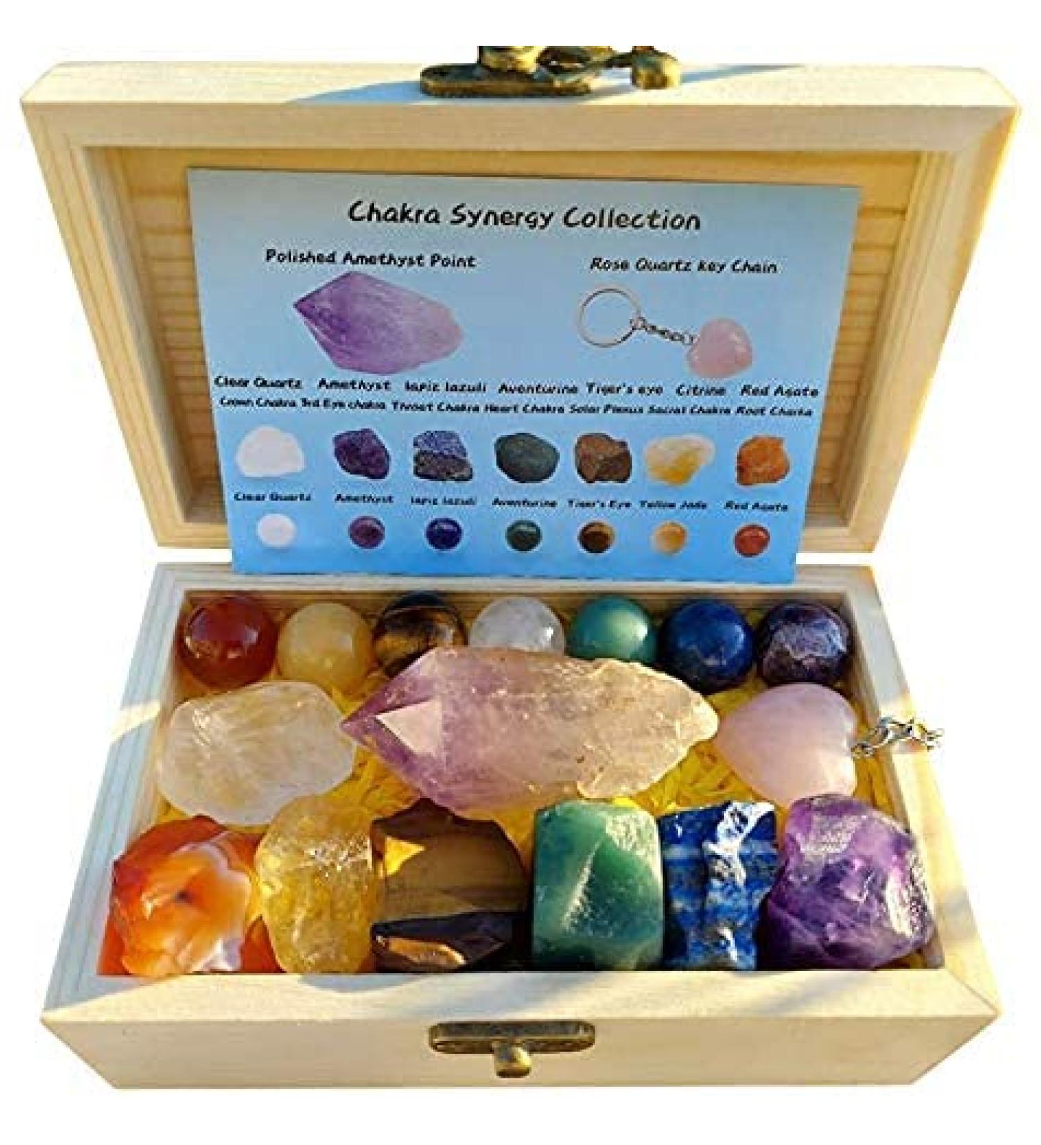 TESH CARE Chakra Synergy Premium Healing Crystal Collection - 7 Chakra Healing Spheres, Raw Stones, Amethyst Wand, Rose Quartz Key Chain, Guide - Meditation & Spirituality - Buy Online on GoSupps.com