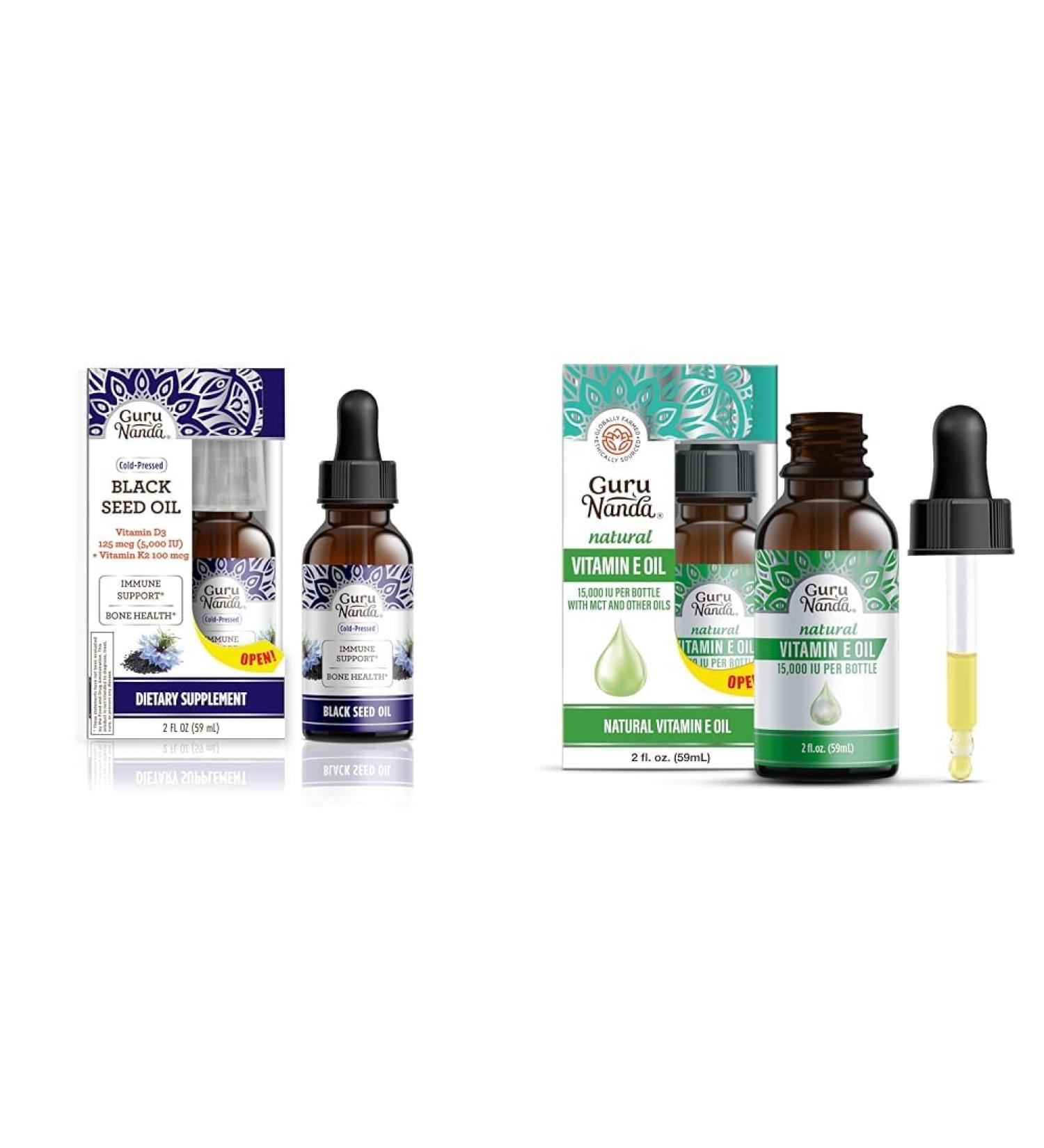 GuruNanda Black Seed Oil Cold-Pressed Nigella Sativa - Rich in Vitamin D3 5000 Units K2 & E & Vitamin E Oil (2 Fl Oz) - 100% Pure & Natural 15 000 IU per Bottle for Skin Hair Face - Buy Online on GoSupps.com