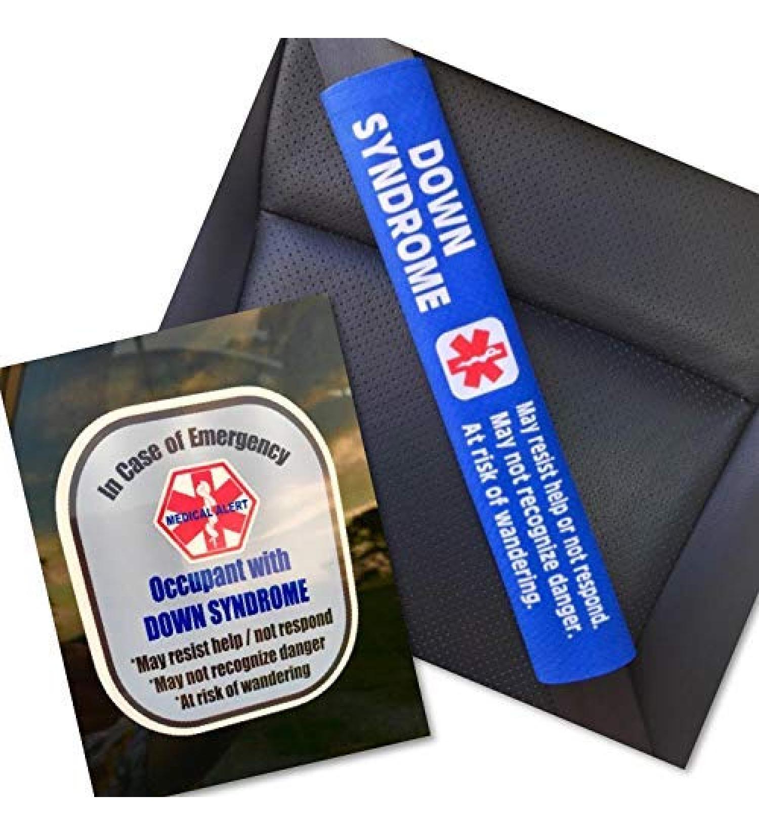 Down Syndrome Medical Alert Belt Cover and Window Decal Set (Royal Blue)