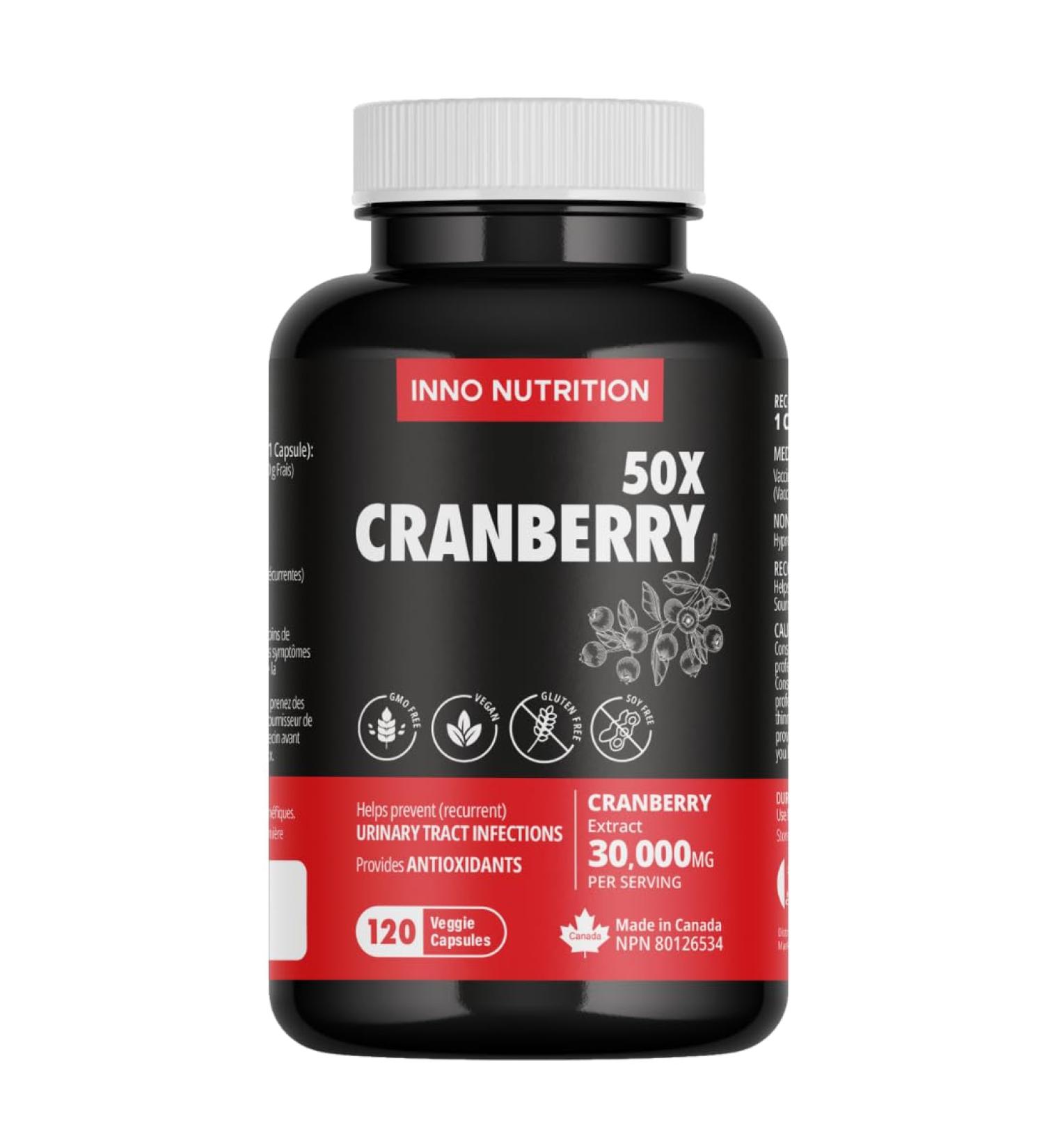 Cranberry 50X Extract 120 Vegetarian Capsules dmannose UTI urinary tract infection bladder control women probiotic cranberry concentrate Allergen-Free Non-GMO Canada Made - Buy Online on GoSupps.com