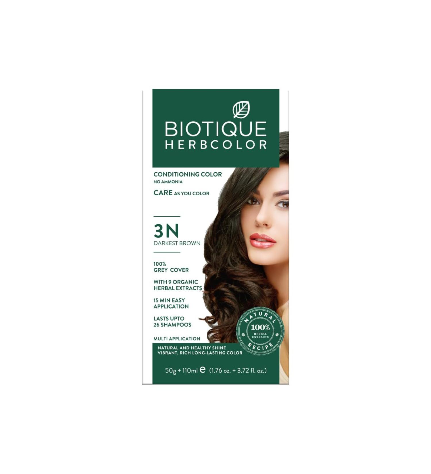 Biotique Bio Herbcolor 1N Natural Black - Ammonia-Free Hair Color with 9 Herbal Extracts | 50g + 110ml - Lasts Up to 26 Washes | International Shipping Available - Buy Online on GoSupps.com