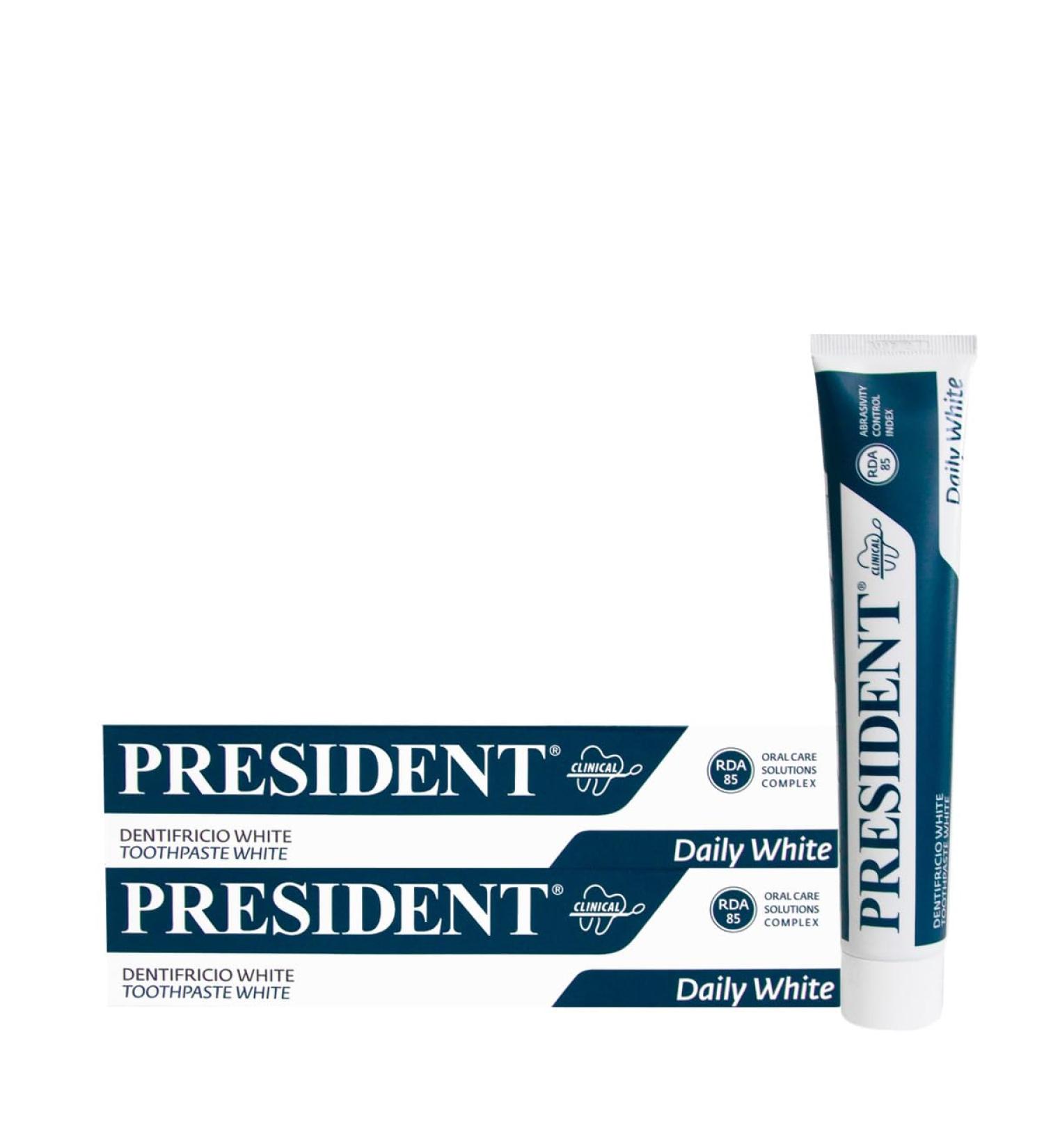 President Set with 2 toothbrushes with white effect whitening anti-plaque tartar protection and anti-silence of the teeth.Refreshing with Piedmontes mint aroma.RDA 85. 2 x 75 ml