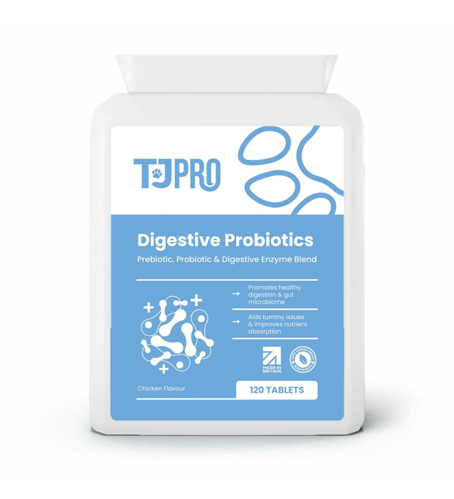 TJ Pro Digestive Probiotics for Dogs | Sensitive Stomachs, Skin Issues, Wind Relief | Prebiotic, Probiotic & Enzymes for Gut Health | Made in UK - Buy Online on GoSupps.com