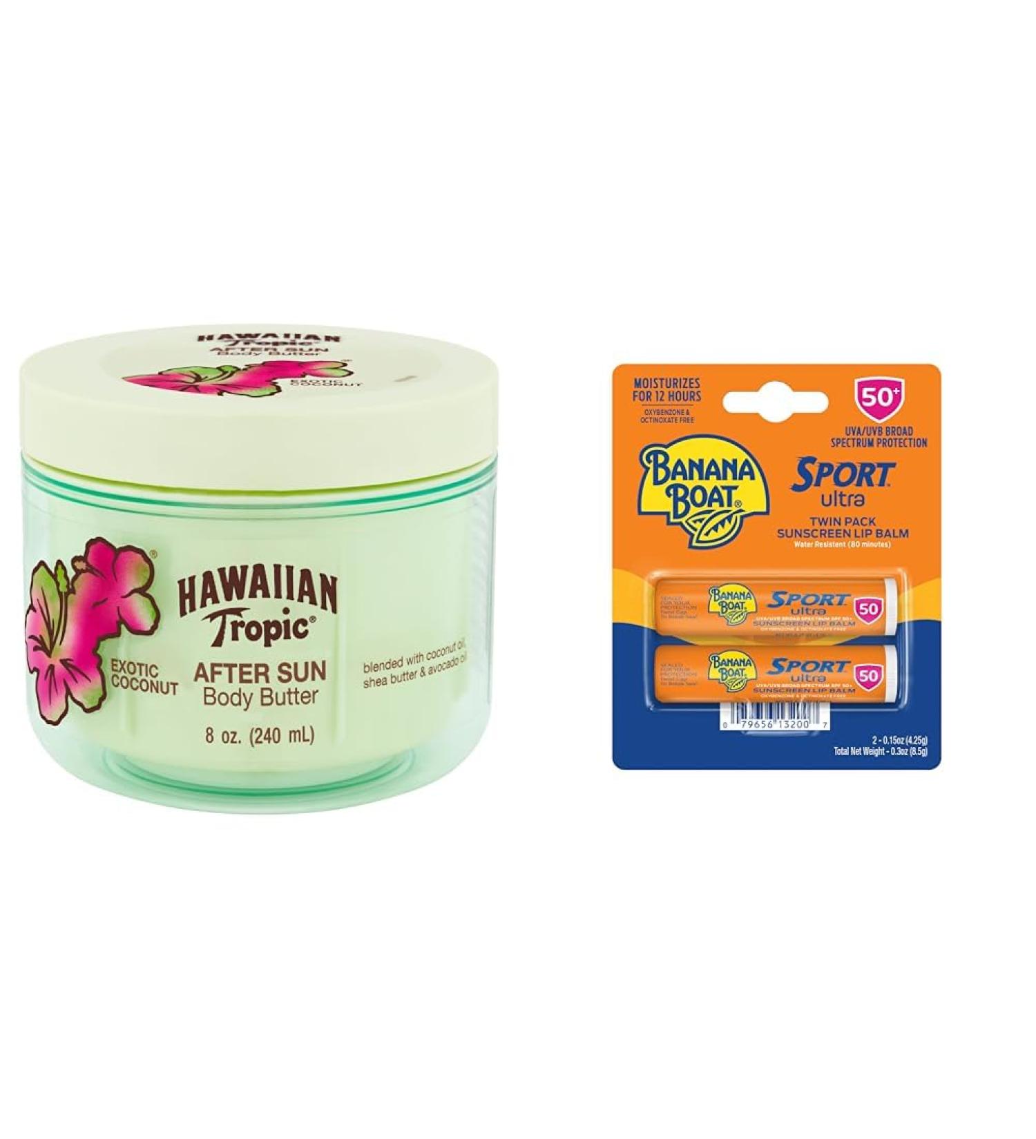 Hawaiian Tropic After Sun Body Butter with Coconut Oil 8oz & Banana Boat Sport Ultra SPF 50 Lip Sunscreen Twin Pack | After Sun Lotion & Lip Balm Bundle - Buy Online on GoSupps.com