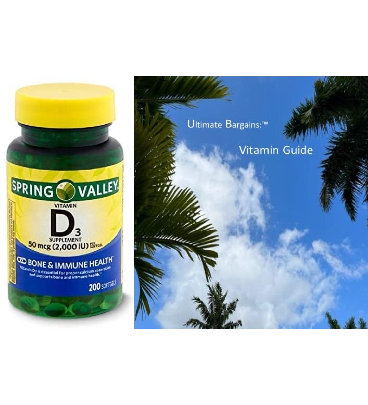 Spring Health Vitamin D3 2000iu Softgels (50 mcg) Spring Valley - Bone & Immune Health - 200 Count + Your Vitamin Guide 200 Count (Pack of 1)