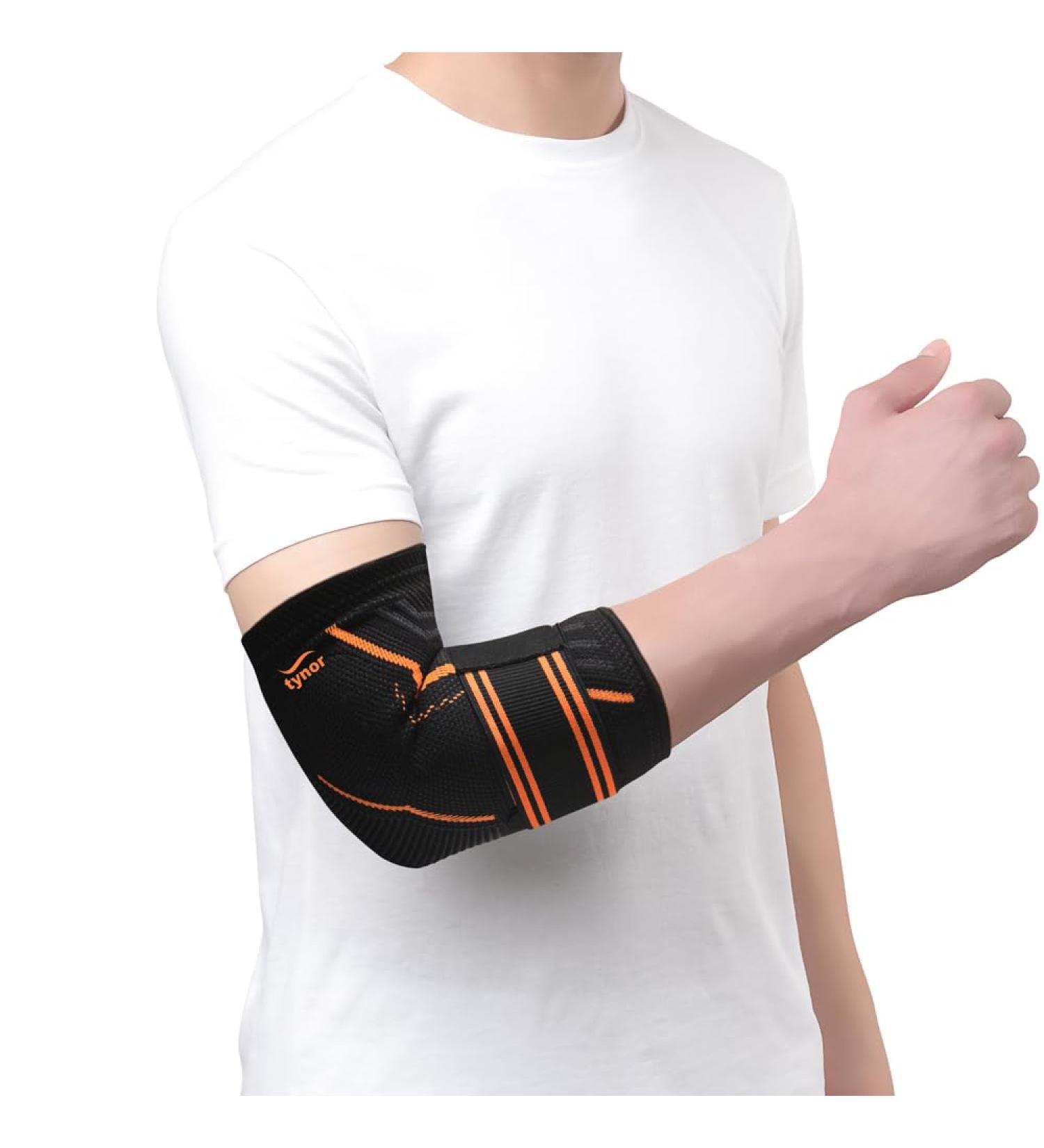 TYNOR Elbow Brace Compression Support for Women & Men - Elbow Support Sleeve for Elbow Treatment Workouts Weightlifting Stretchable Straps for Perfect Fit Black & Orange Medium 1 Unit M Orange - Buy Online on GoSupps.com