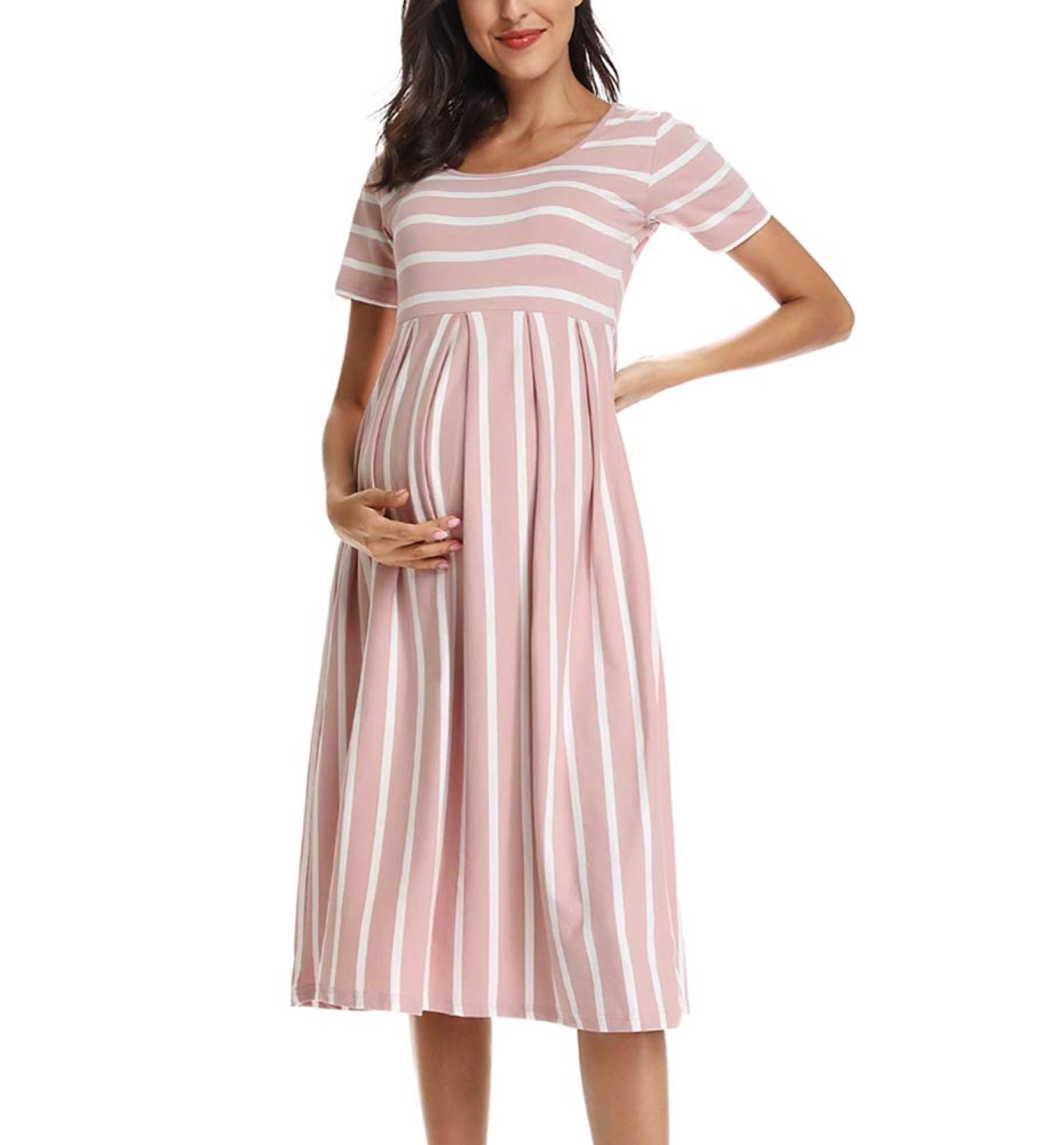 Love2Mi Maternity Dress XL Dark Pink White Stripe - Short-Sleeve A-Line Midi Pregnant Dress - Buy Online on GoSupps.com