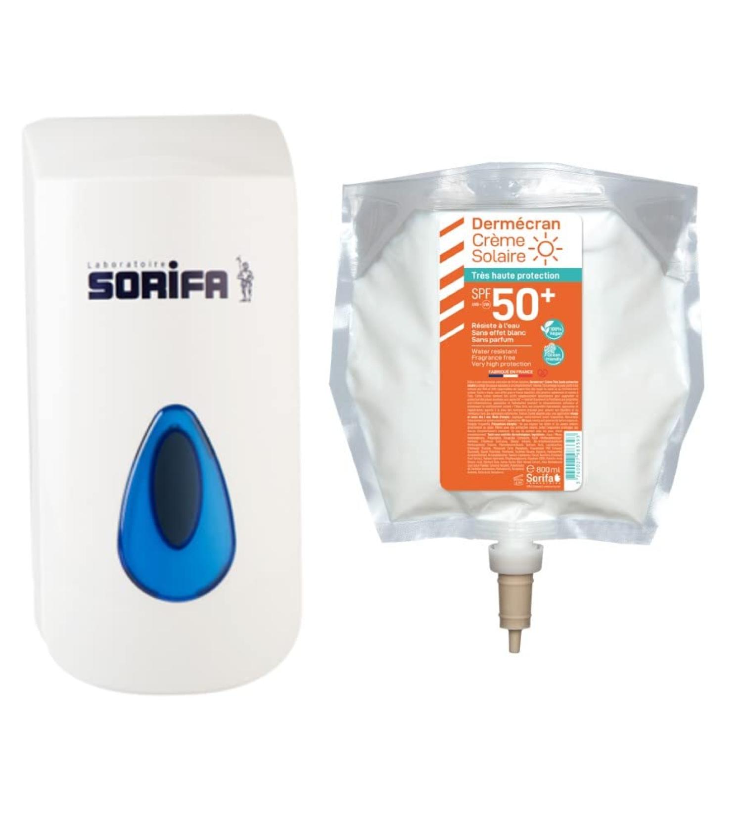 SORIFA - Derm cran SPF50+ sunscreen dispenser with 1 800 ml pouch - Face and body - Vegan & Ocean Friendly formula - Water resistant - From 3 years old - Made in France - Buy Online on GoSupps.com