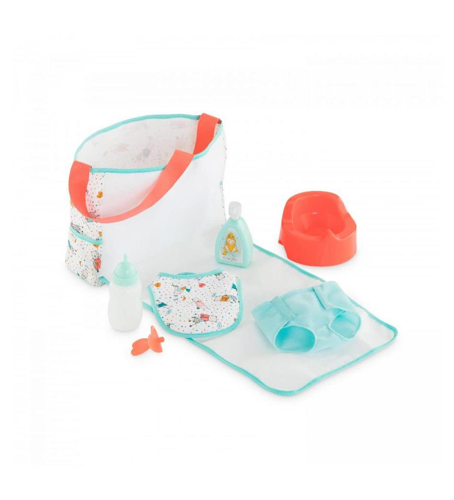Corolle 9000141300 - Mon Grand Poupon wrap pocket accessories 7 parts 2in1 diaper bag and surface diaper cream body lotion potty bottle and bibs for 36-42cm dolls from 2 years